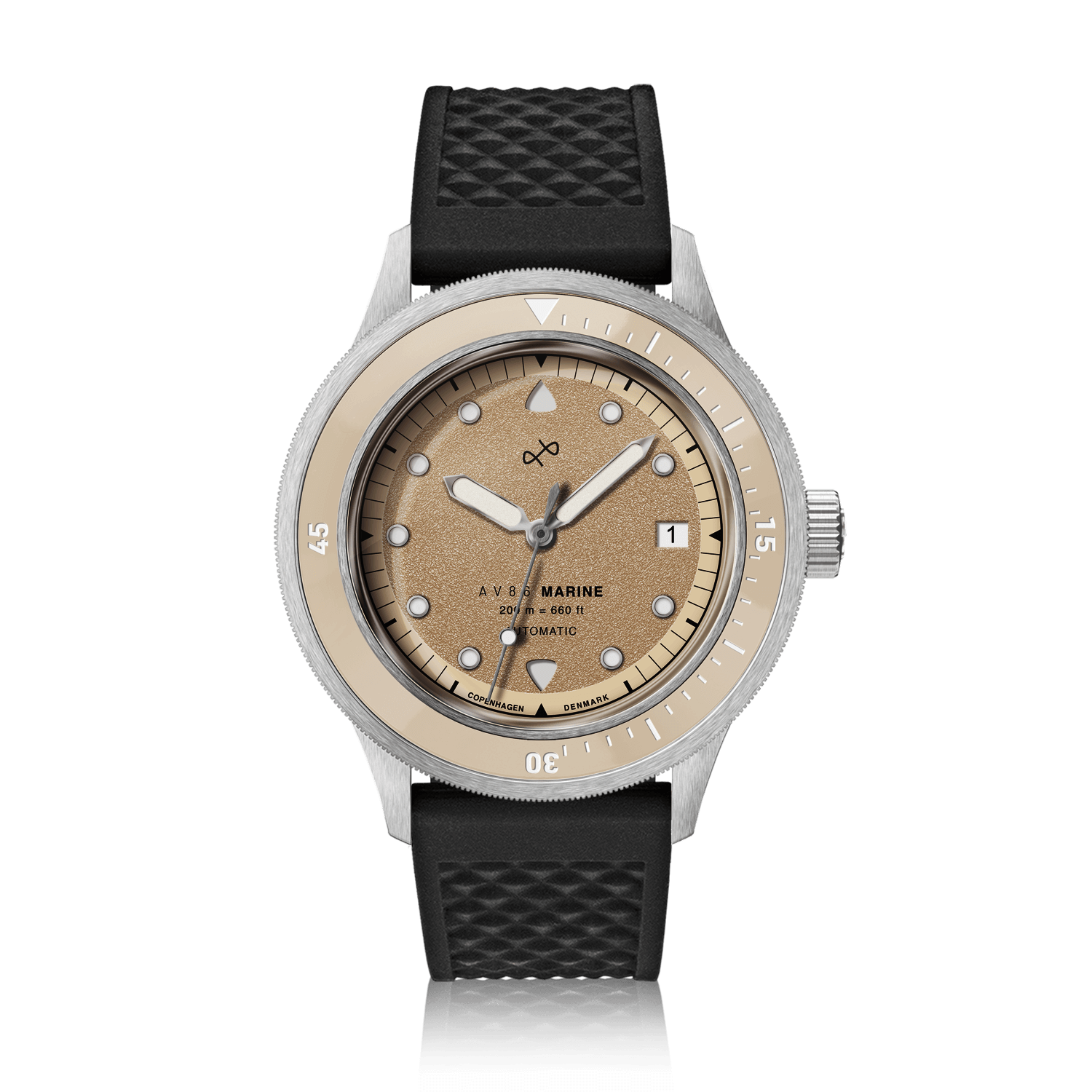 1956 Marine Automatic, Steel / Sand by AV86, vintage-inspired luxury timepiece with a sand dial and black textured strap.