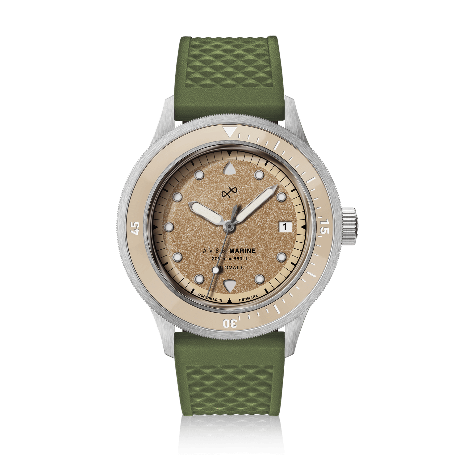1956 Marine Automatic, Steel / Sand wristwatch by AV86 featuring a beige dial and green textured strap in Danish minimalist style.