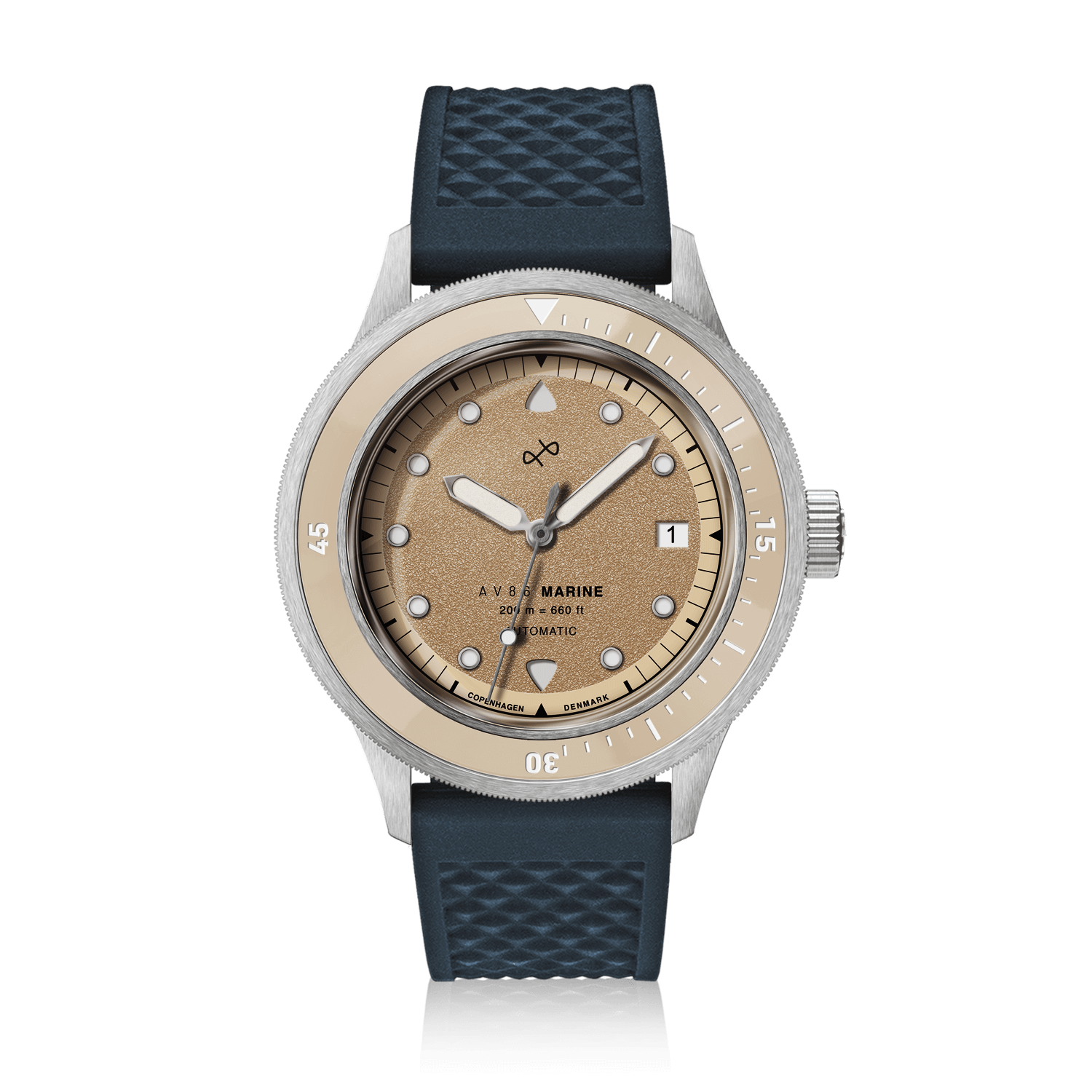 1956 Marine Automatic, Steel / Sand from AV86 featuring a vintage-inspired dial, rotating bezel, and textured rubber strap
