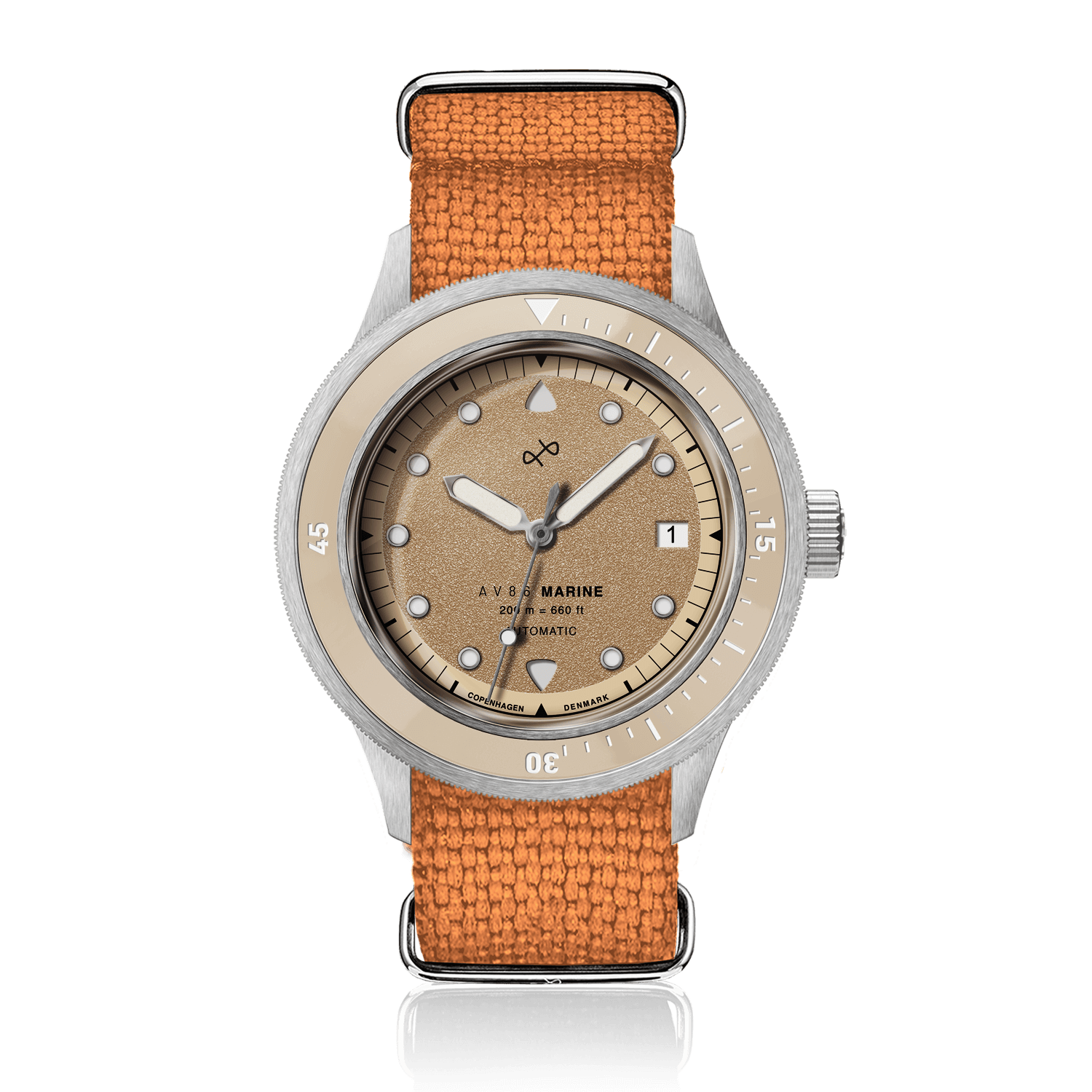 1956 Marine Automatic, Steel / Sand by AV86 featuring a vintage-inspired dial and durable orange fabric strap luxury timepiece