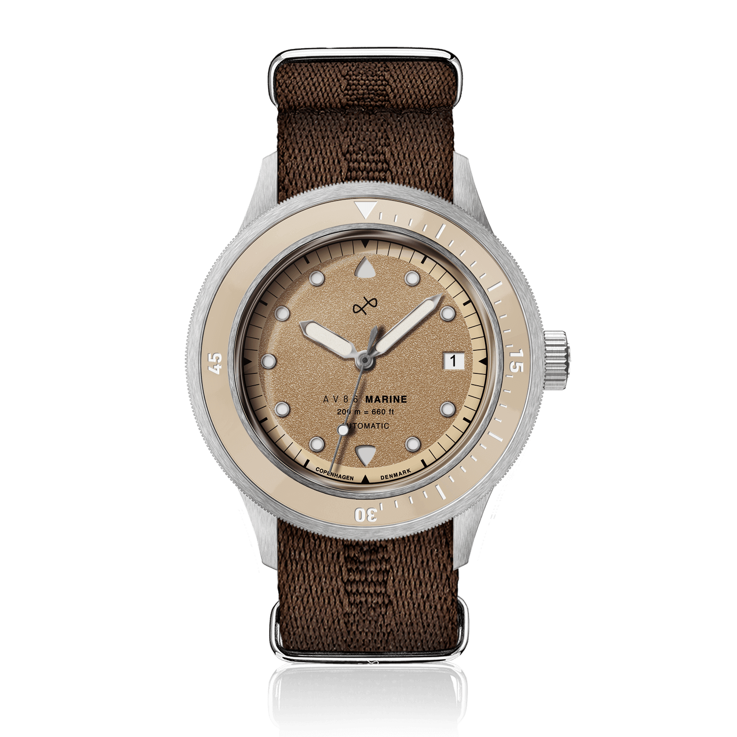 1956 Marine Automatic, Steel / Sand by AV86 with vintage-inspired design, sand-colored dial, and brown textile strap luxury timepiece.