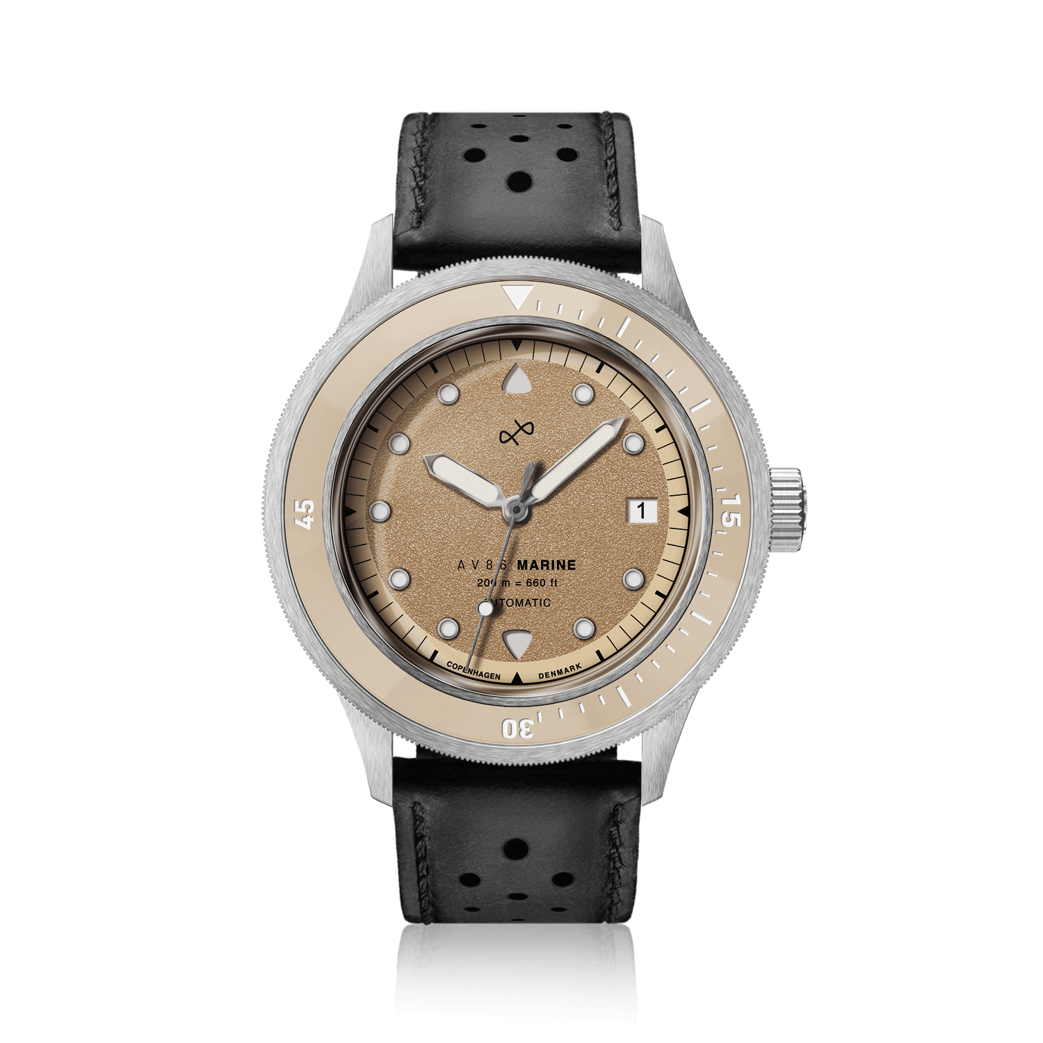 1956 Marine Automatic, Steel / Sand vintage-inspired watch with black leather strap by AV86, Danish design craftsmanship