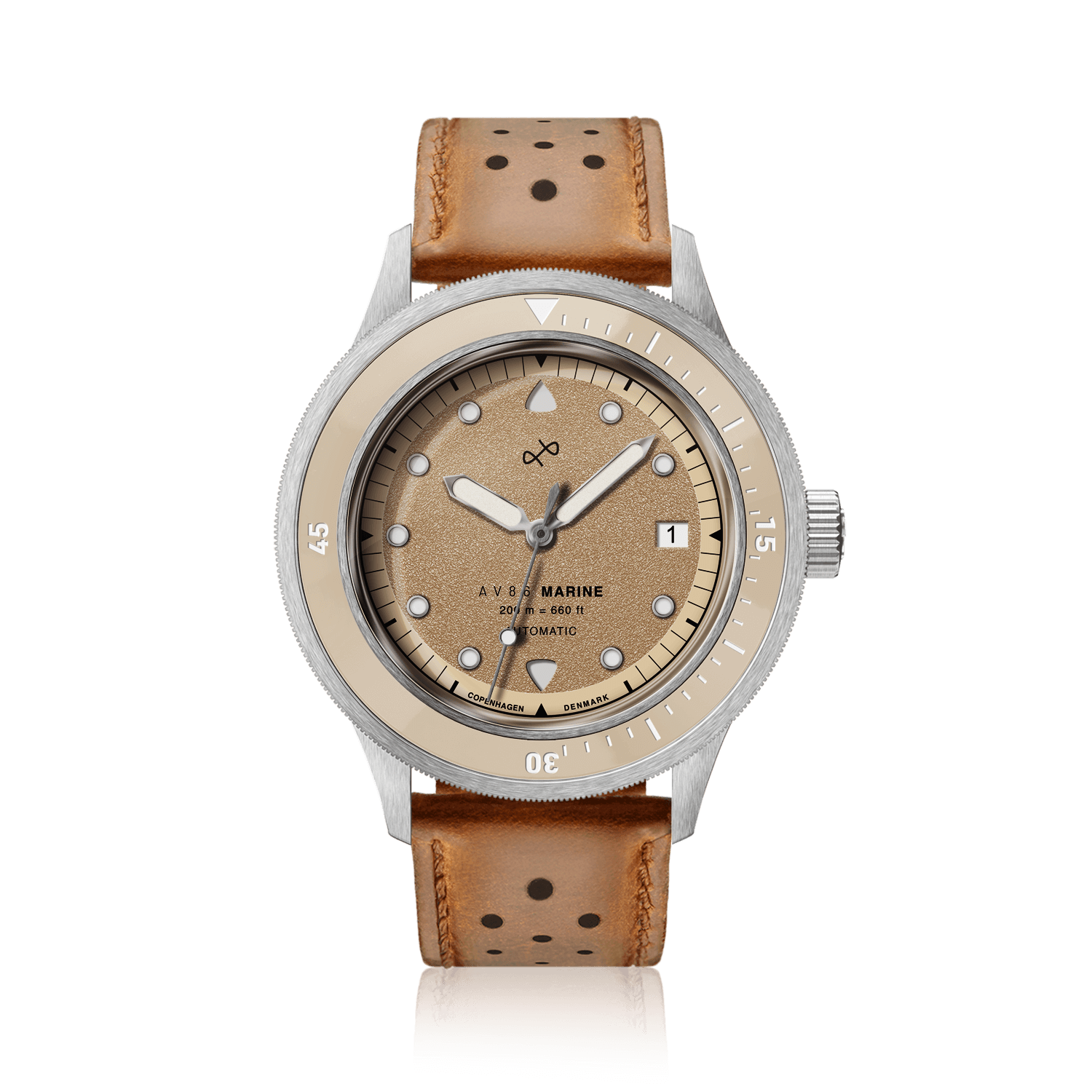 1956 Marine Automatic, Steel / Sand luxury timepiece by AV86 featuring vintage-inspired dial and perforated brown leather strap
