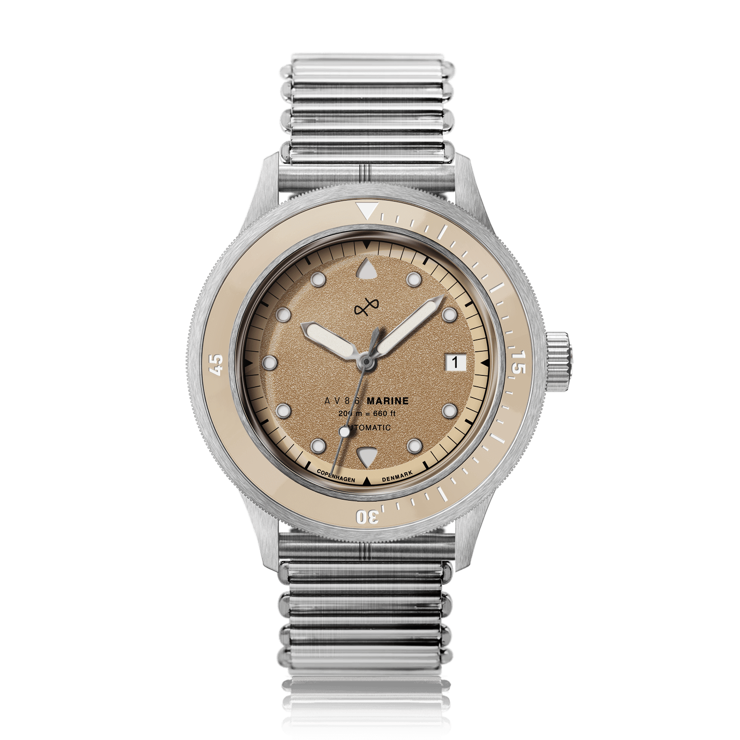 1956 Marine Automatic, Steel / Sand with vintage-inspired dial, stainless steel case, and matching steel bracelet by AV86.