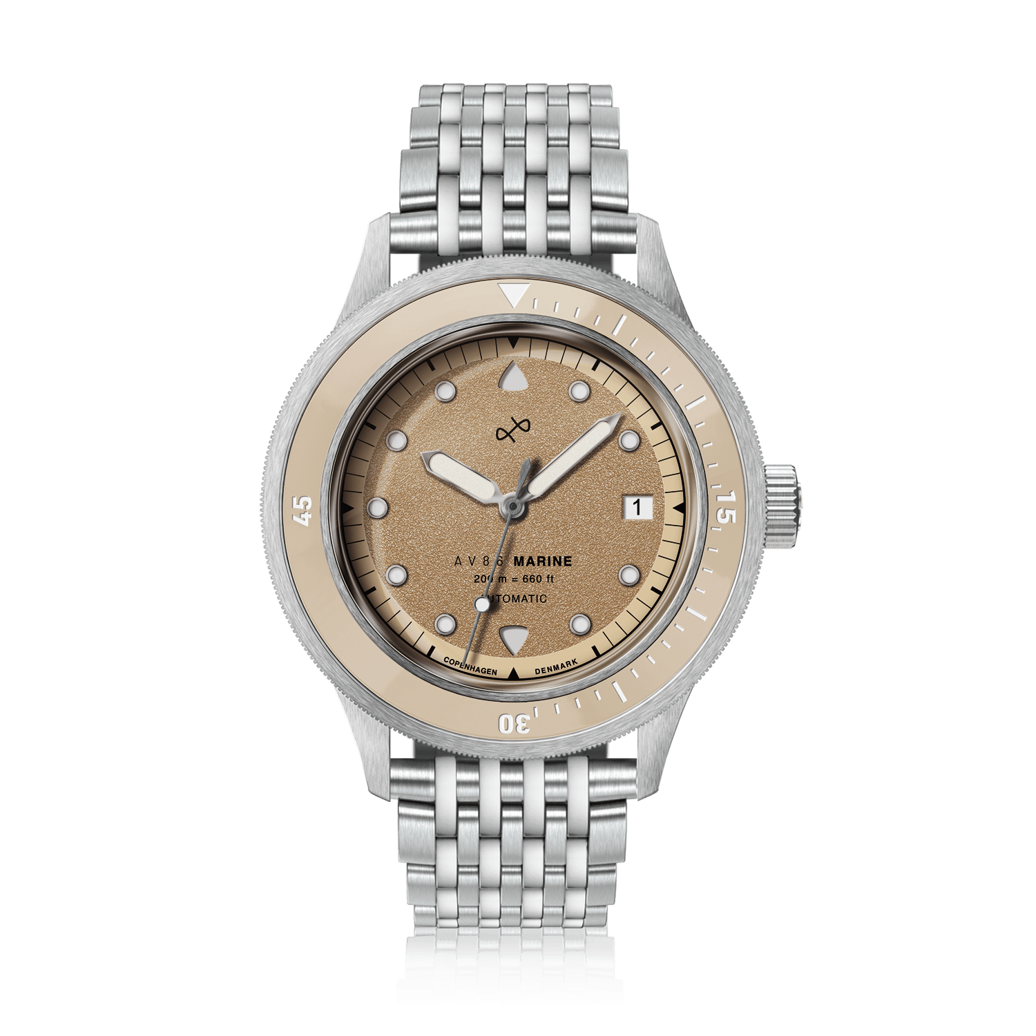 1956 Marine Automatic, Steel / Sand wristwatch by AV86 featuring a steel bracelet and vintage-inspired sand-colored dial design