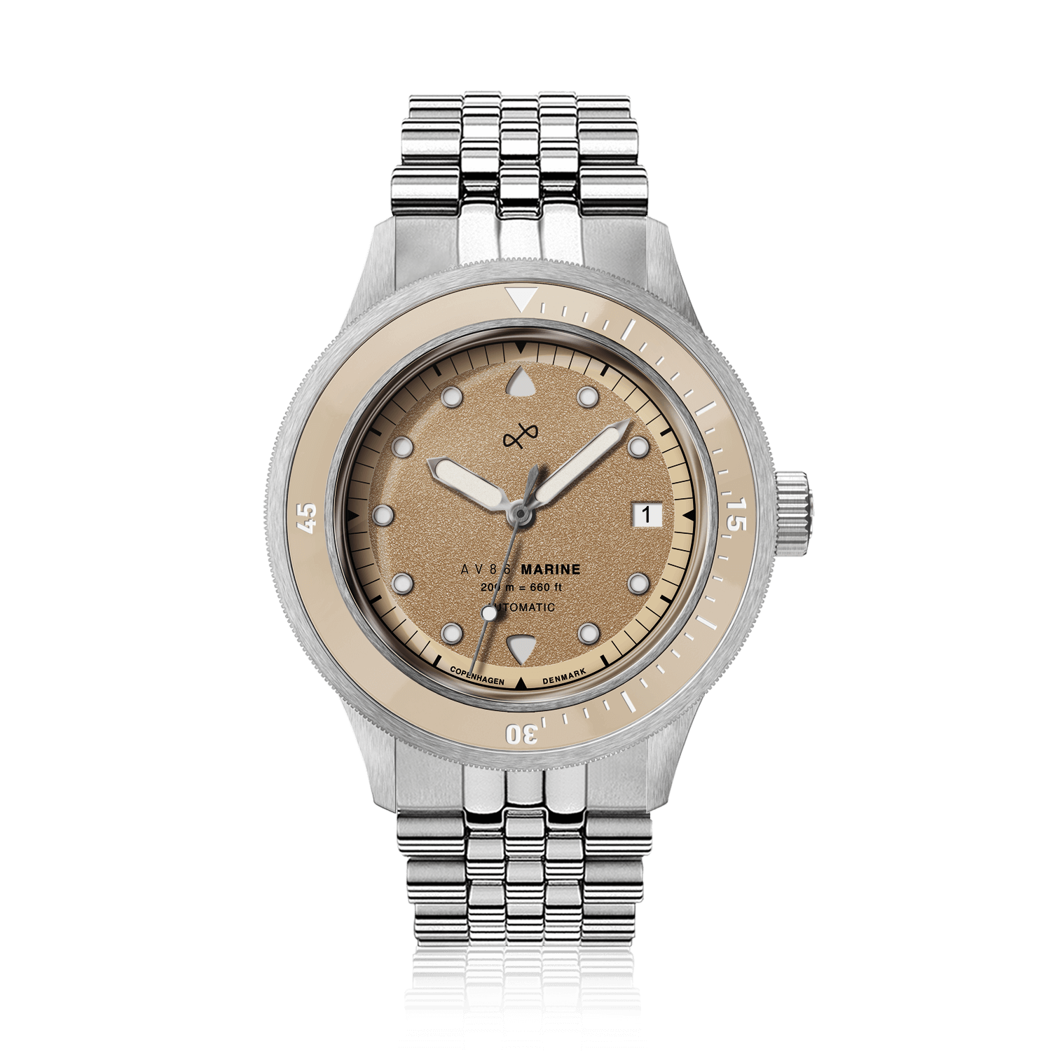 1956 Marine Automatic, Steel / Sand by AV86 featuring a vintage-inspired luxury stainless steel watch with sand-colored dial and date display