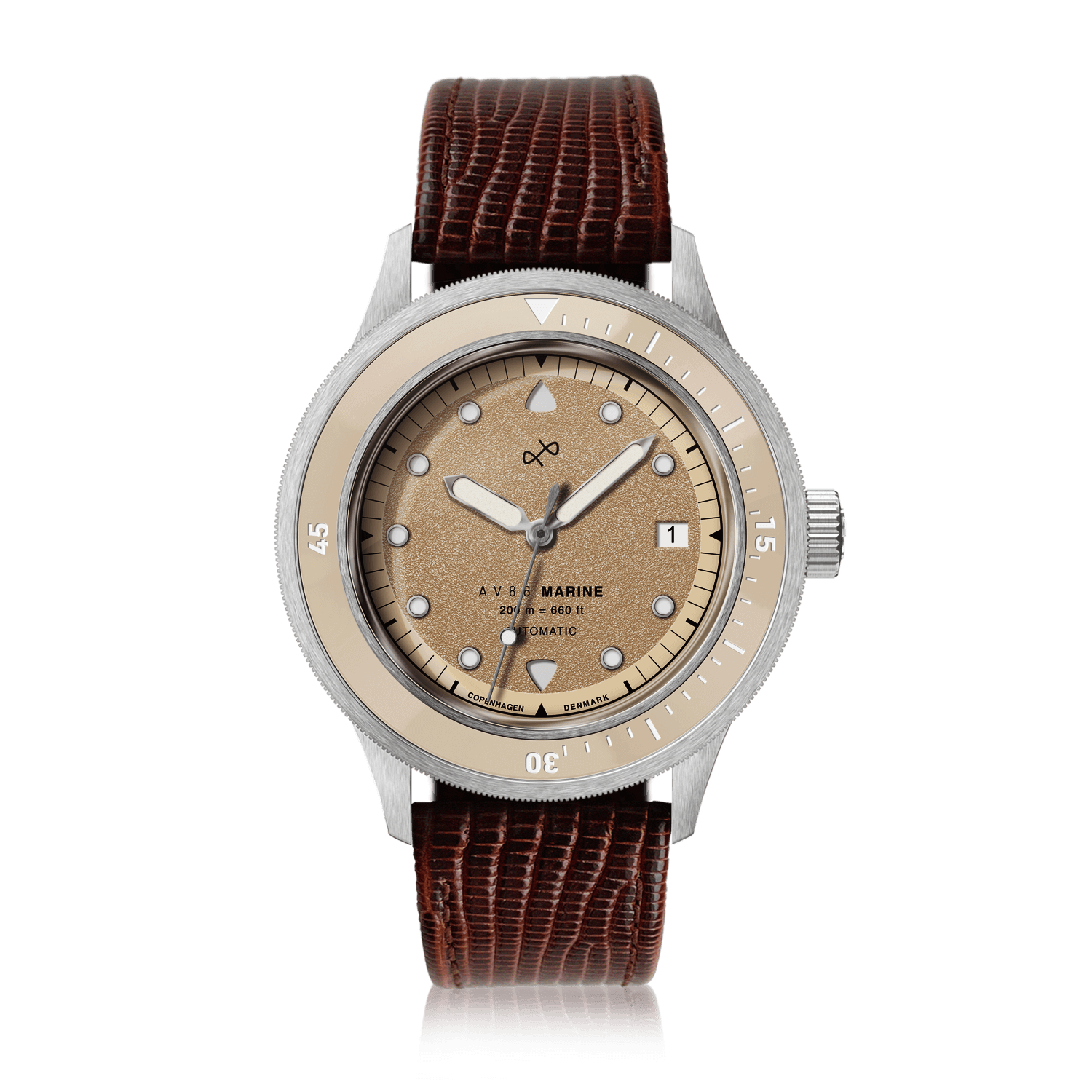 1956 Marine Automatic, Steel / Sand wristwatch by AV86 with sand-colored dial and brown leather strap in Danish minimalist style