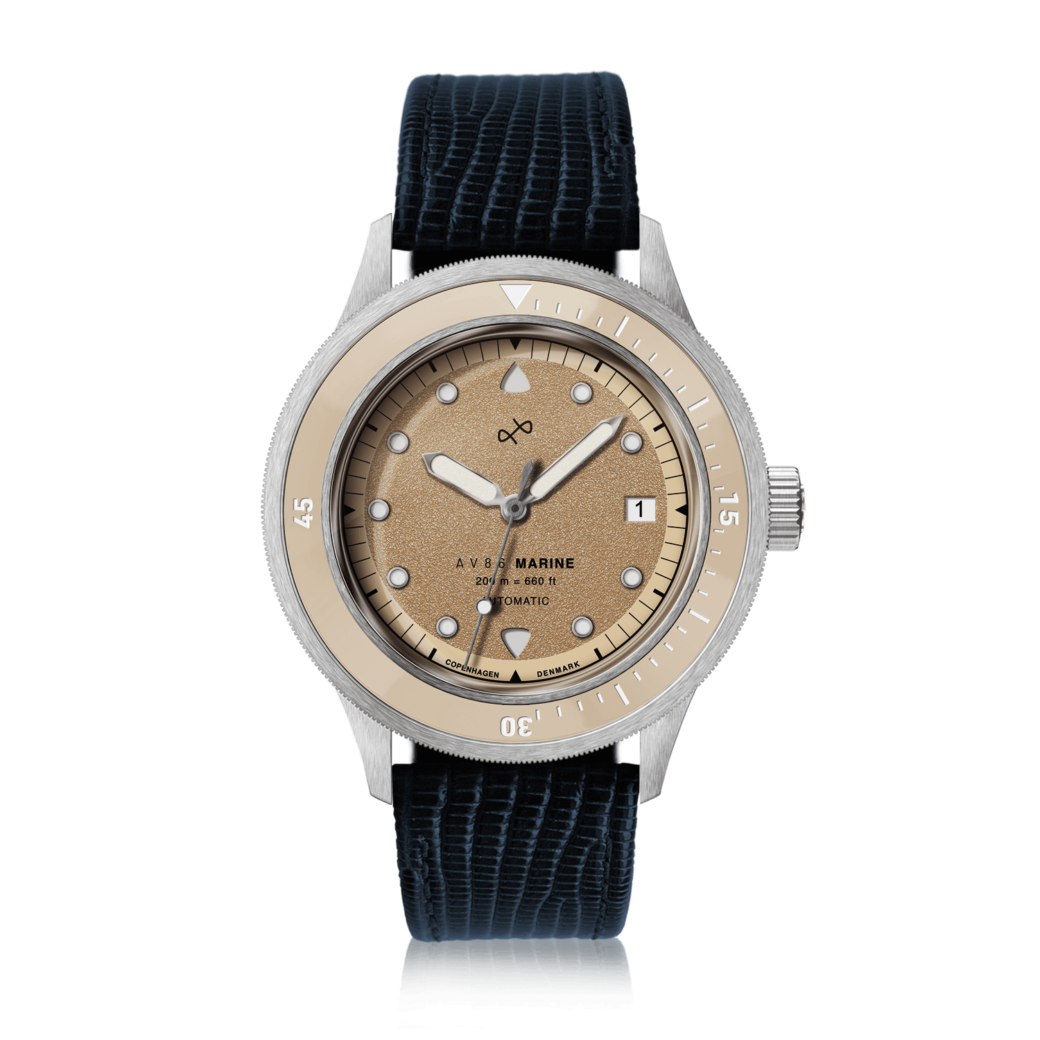 1956 Marine Automatic, Steel / Sand with a sand-colored dial, stainless steel case, and textured black strap by AV86 vintage-inspired watch