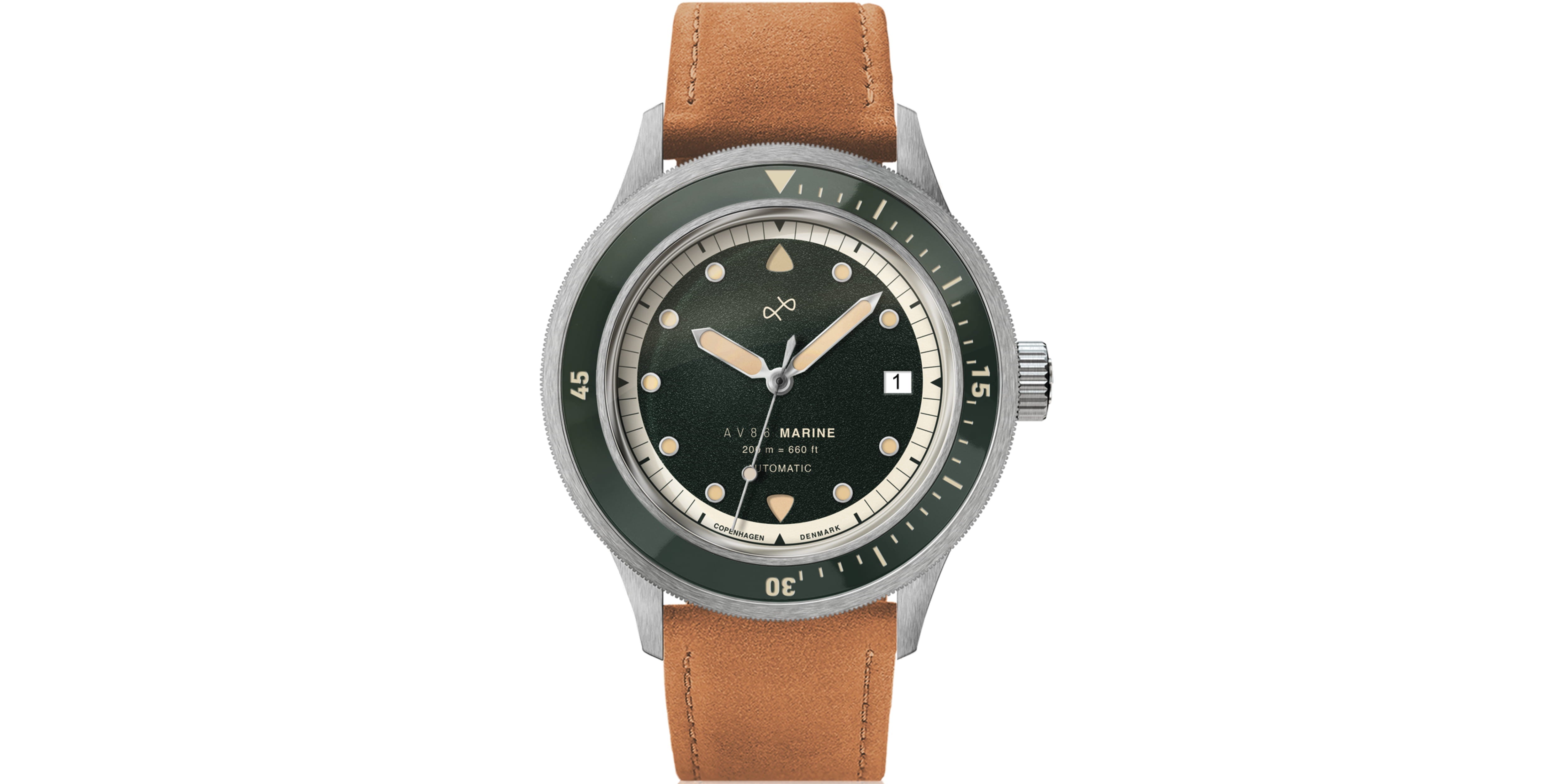 Horological timepiece with muted green dial, rotating bezel, date window, and tan leather strap in brushed steel case.