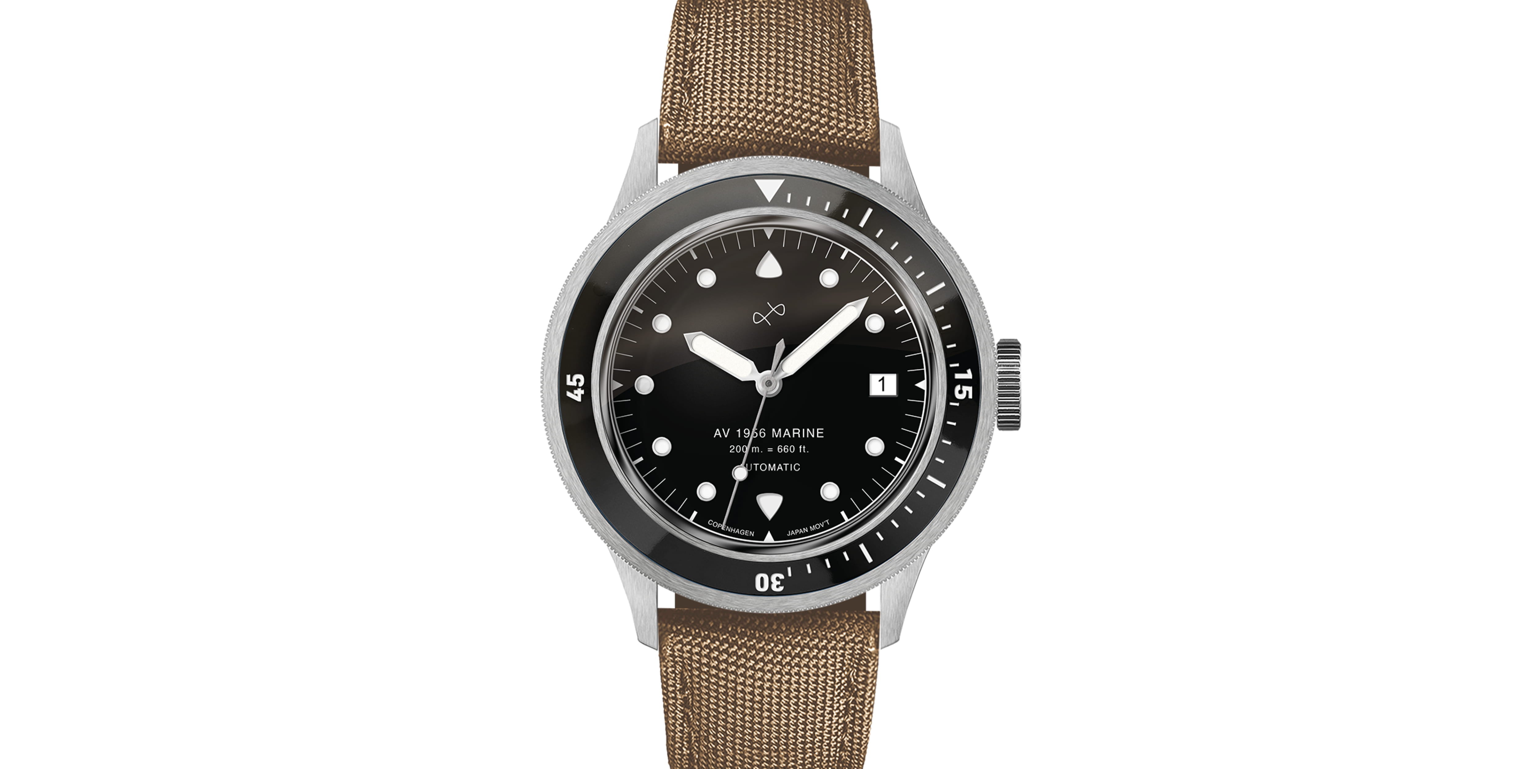 Marine-inspired wristwatch with black dial, white luminescent markers and hands, date window, and textured tan fabric strap.