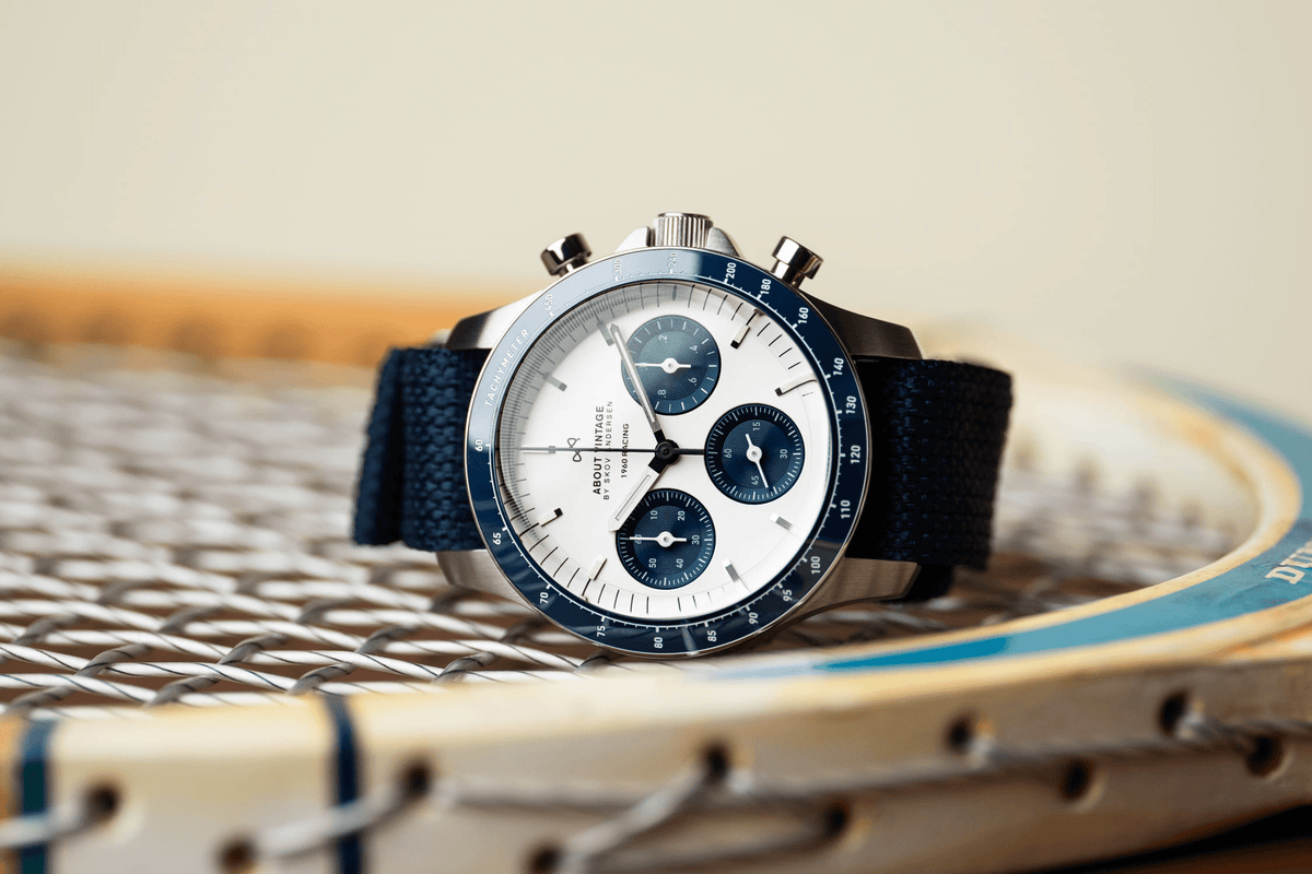 1960 Racing Chronograph by AV86 with vintage-inspired dial, sapphire crystal, chronograph function, and navy fabric strap