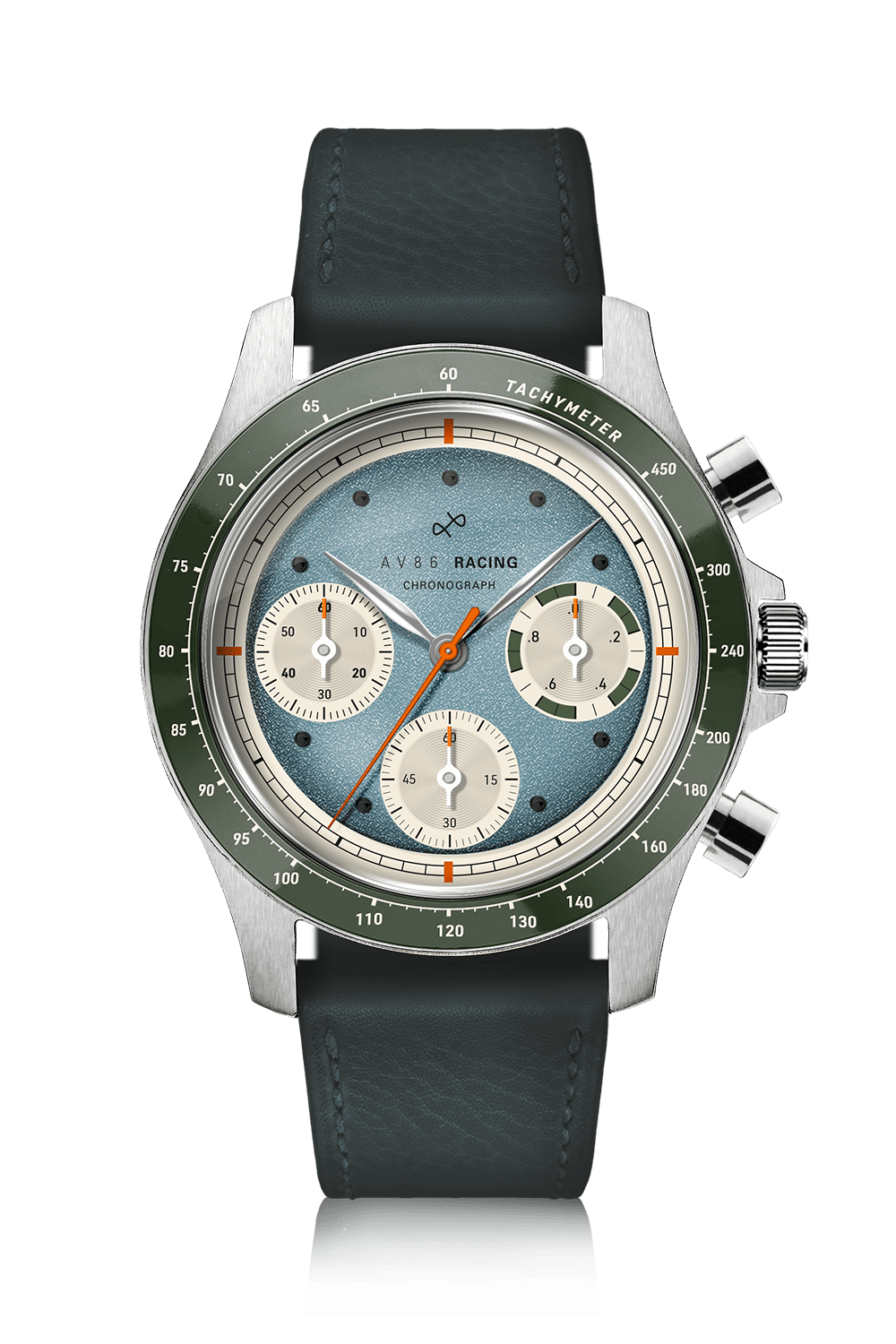 AV86 Racing chronograph featuring a textured sky-blue dial with three subdials, a tachymeter bezel in muted green, polished stainless steel case, and a textured dark leather strap, embodying vintage-inspired Danish design and horological excellence.