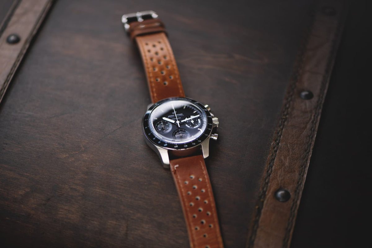 1960 Racing Chronograph by AV86 vintage-inspired luxury chronograph with sapphire crystal and perforated brown leather strap