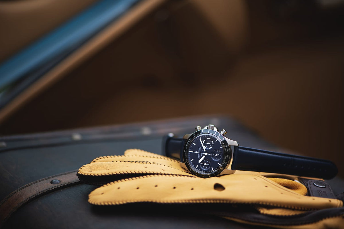 1960 Racing Chronograph by AV86 vintage-inspired chronograph with sapphire crystal, black leather strap, and detailed dial design