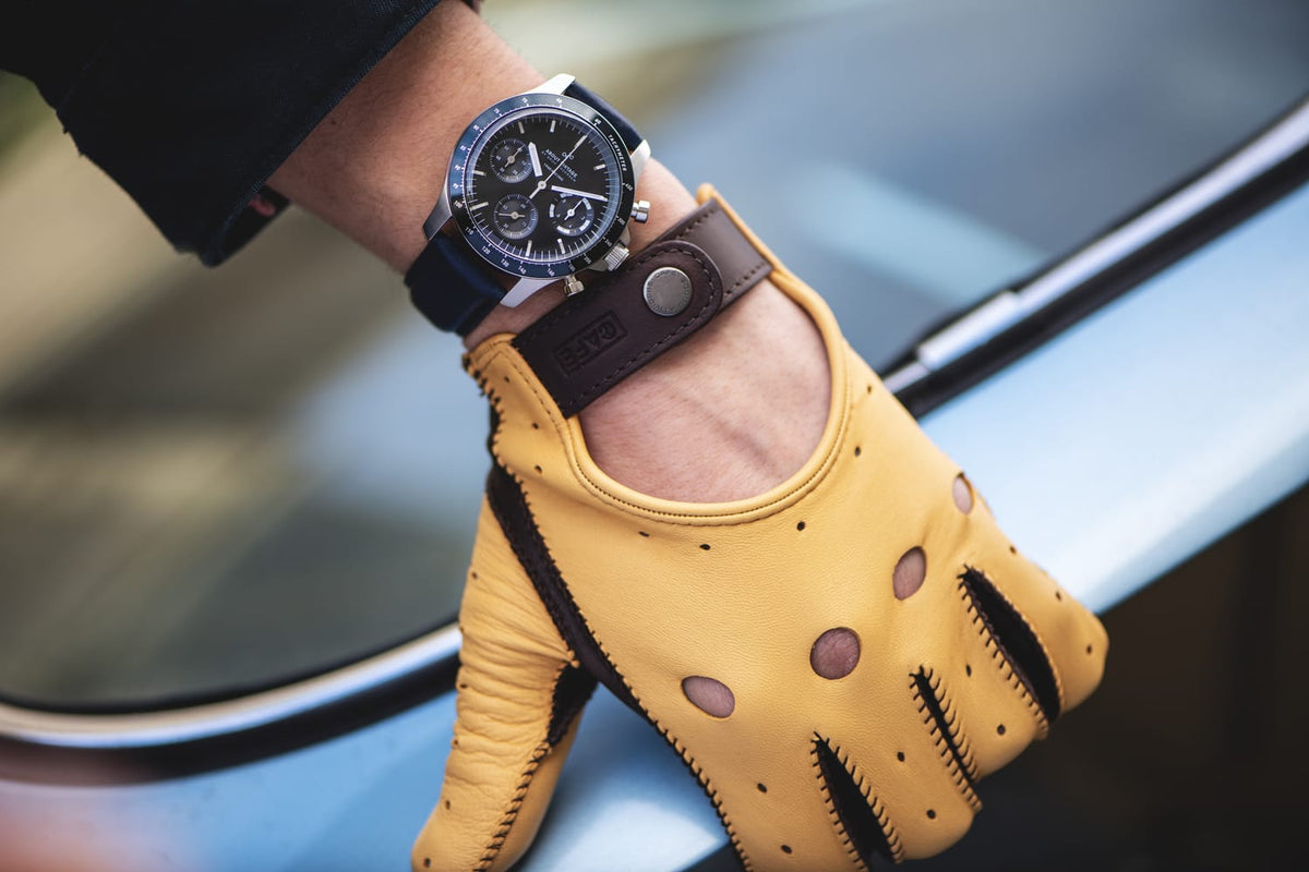 1960 Racing Chronograph by AV86 vintage-inspired automatic with sapphire crystal, chronograph dial, and leather strap in a lifestyle setting