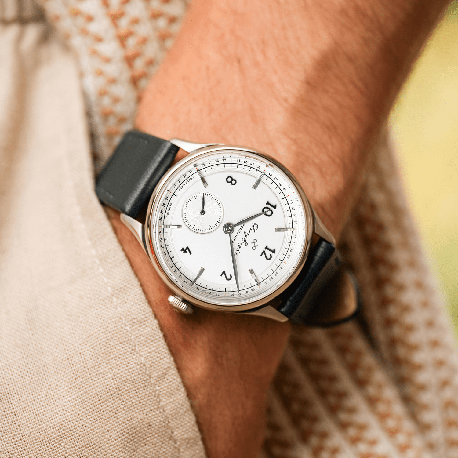 1968 Mechanical by AV86 vintage-inspired automatic watch with white dial, sapphire crystal, and black leather strap