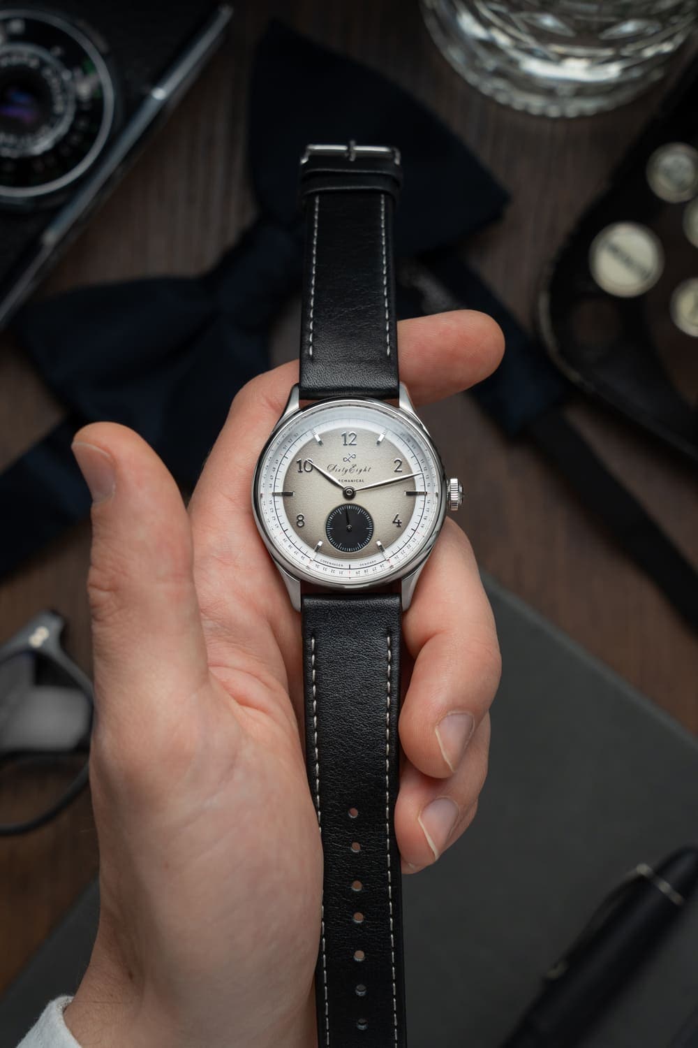 1968 Mechanical (Hand-Wound) by AV86 vintage-inspired dress watch with sapphire crystal and black leather strap