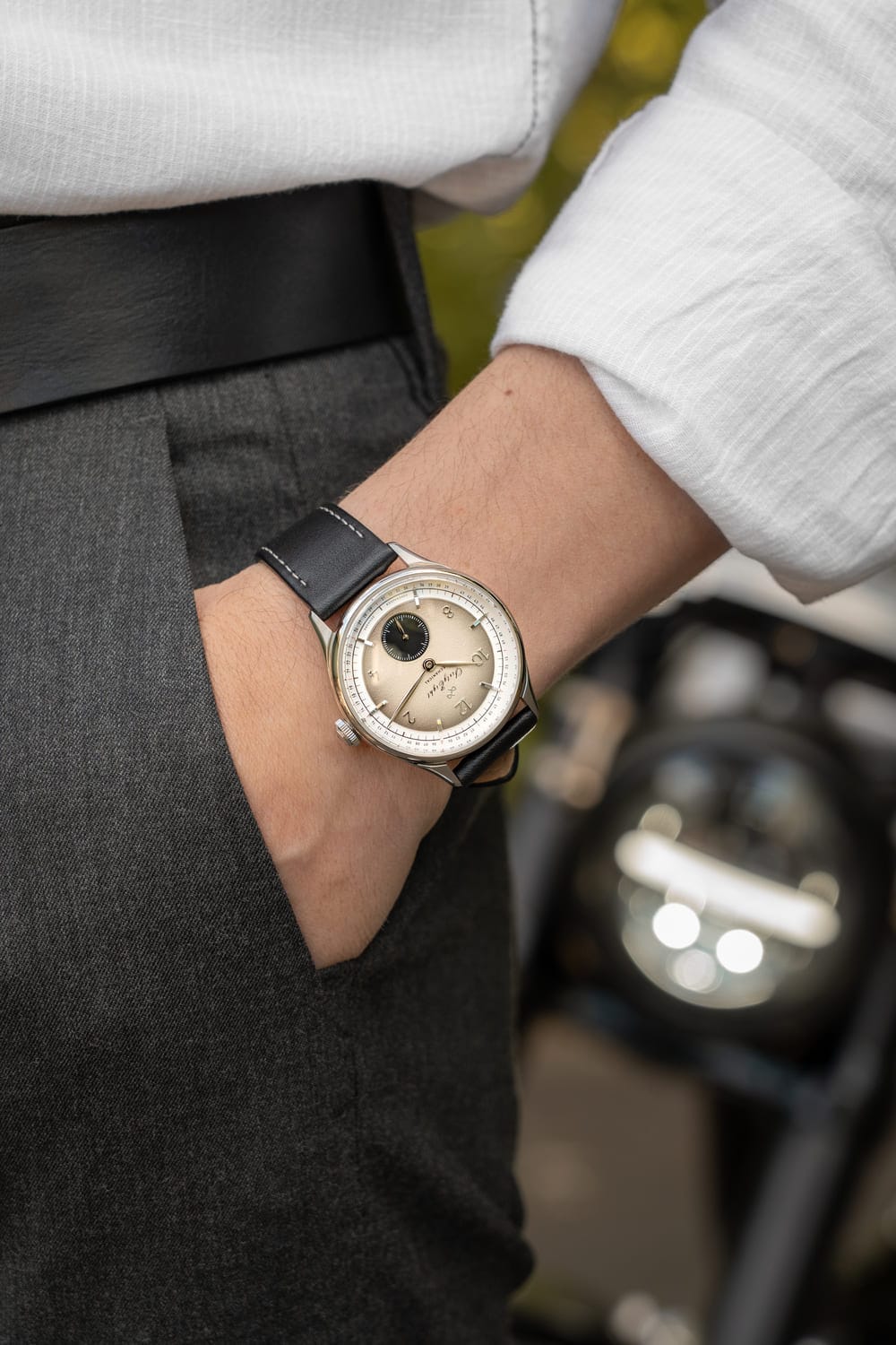 1968 Mechanical (Hand-Wound) by AV86 vintage-inspired dress watch with domed sapphire crystal, mechanical dial, and black leather strap