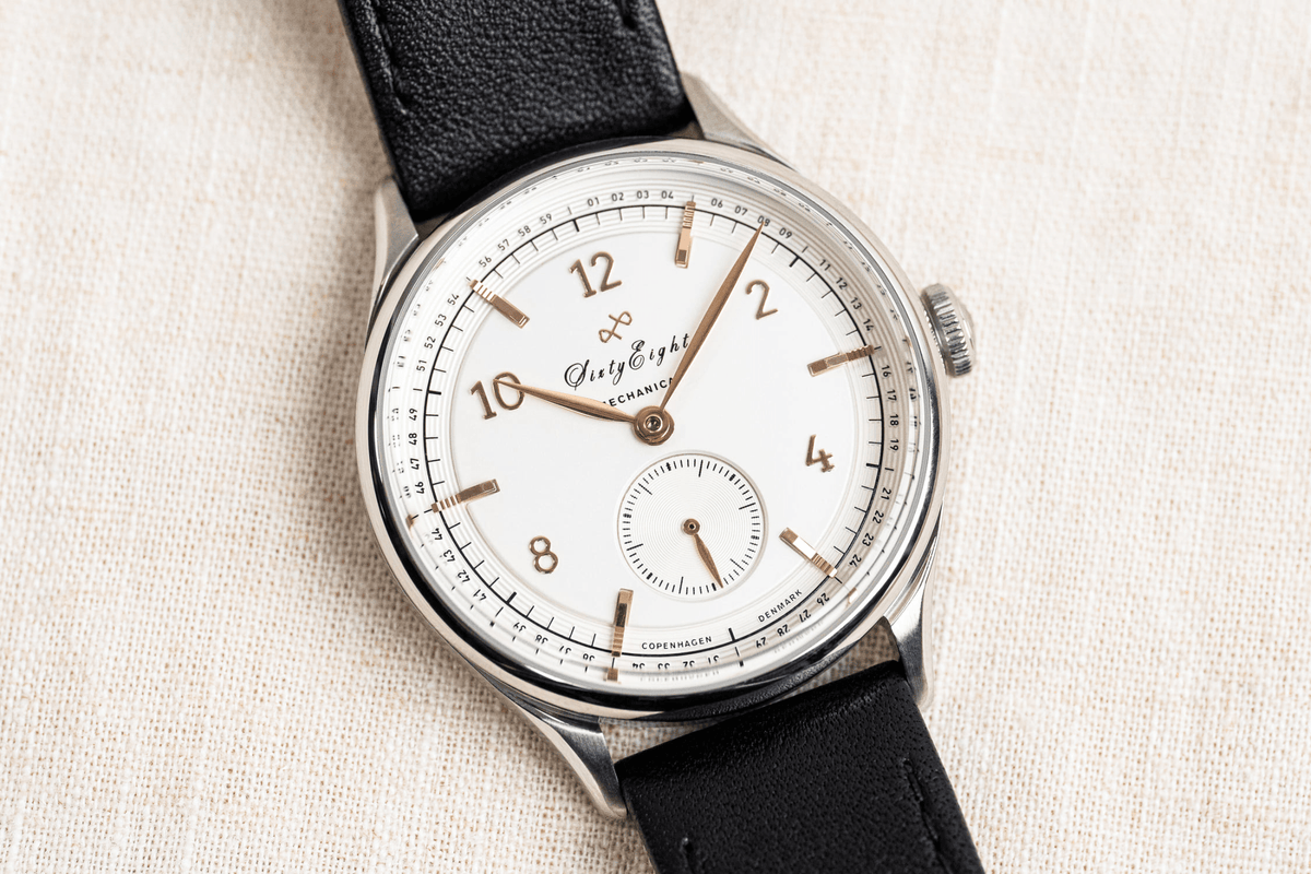 1968 Mechanical by AV86 vintage-inspired automatic watch with sapphire crystal, mechanical dial, and black leather strap