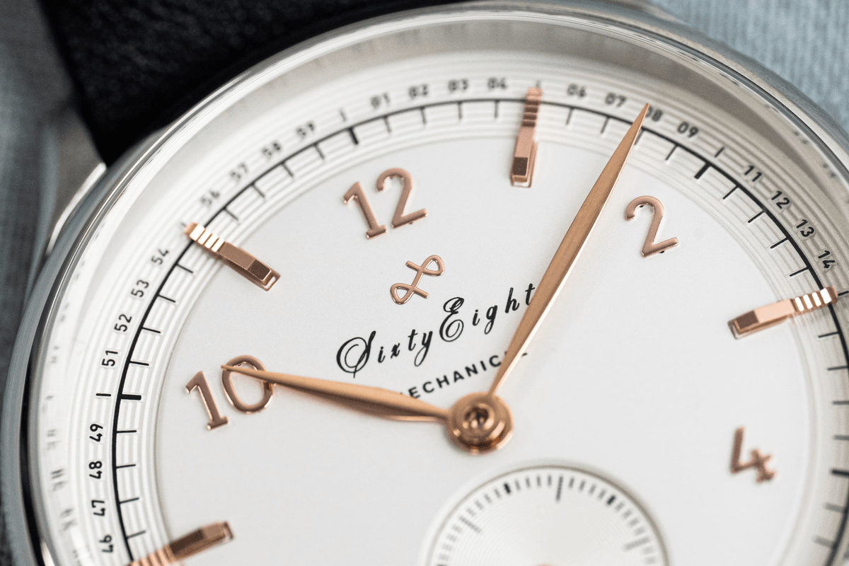 1968 Mechanical by AV86 vintage-inspired automatic watch with sapphire crystal, rose gold markers, and black leather strap