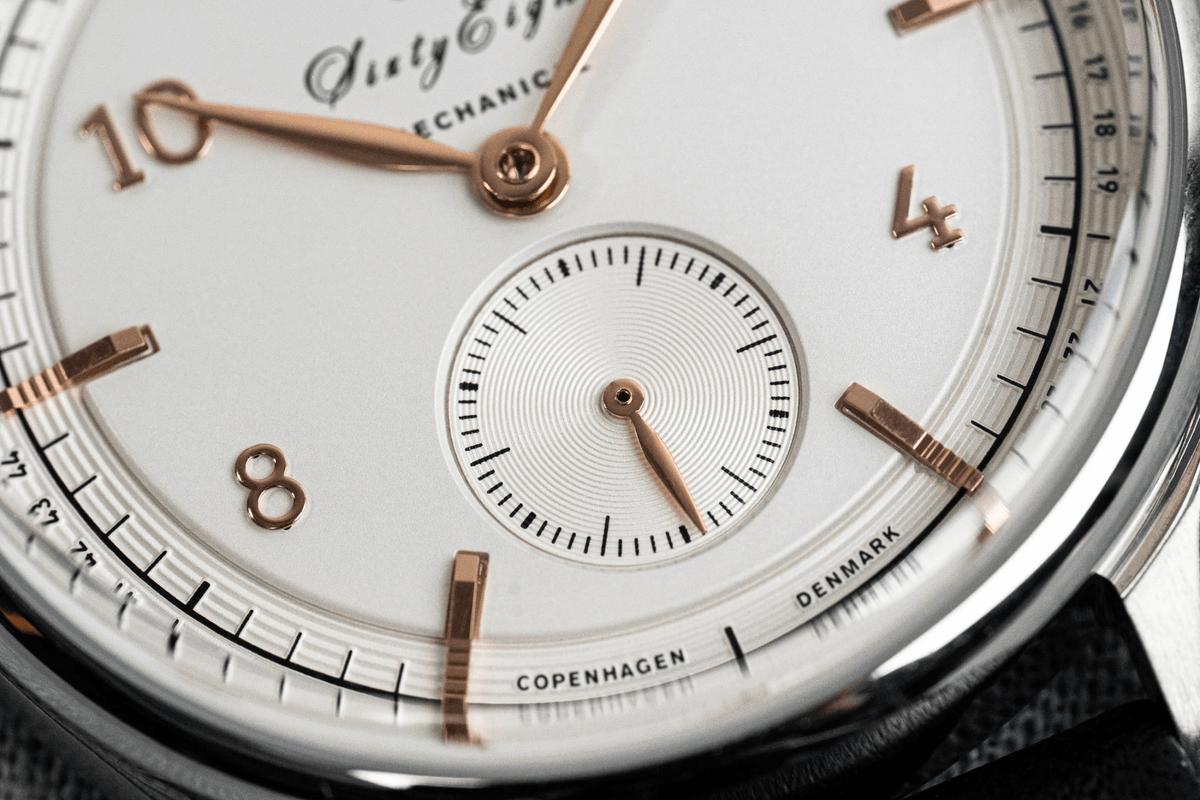1968 Mechanical by AV86 vintage-inspired mechanical watch with sapphire crystal, rose gold indices, and black leather strap