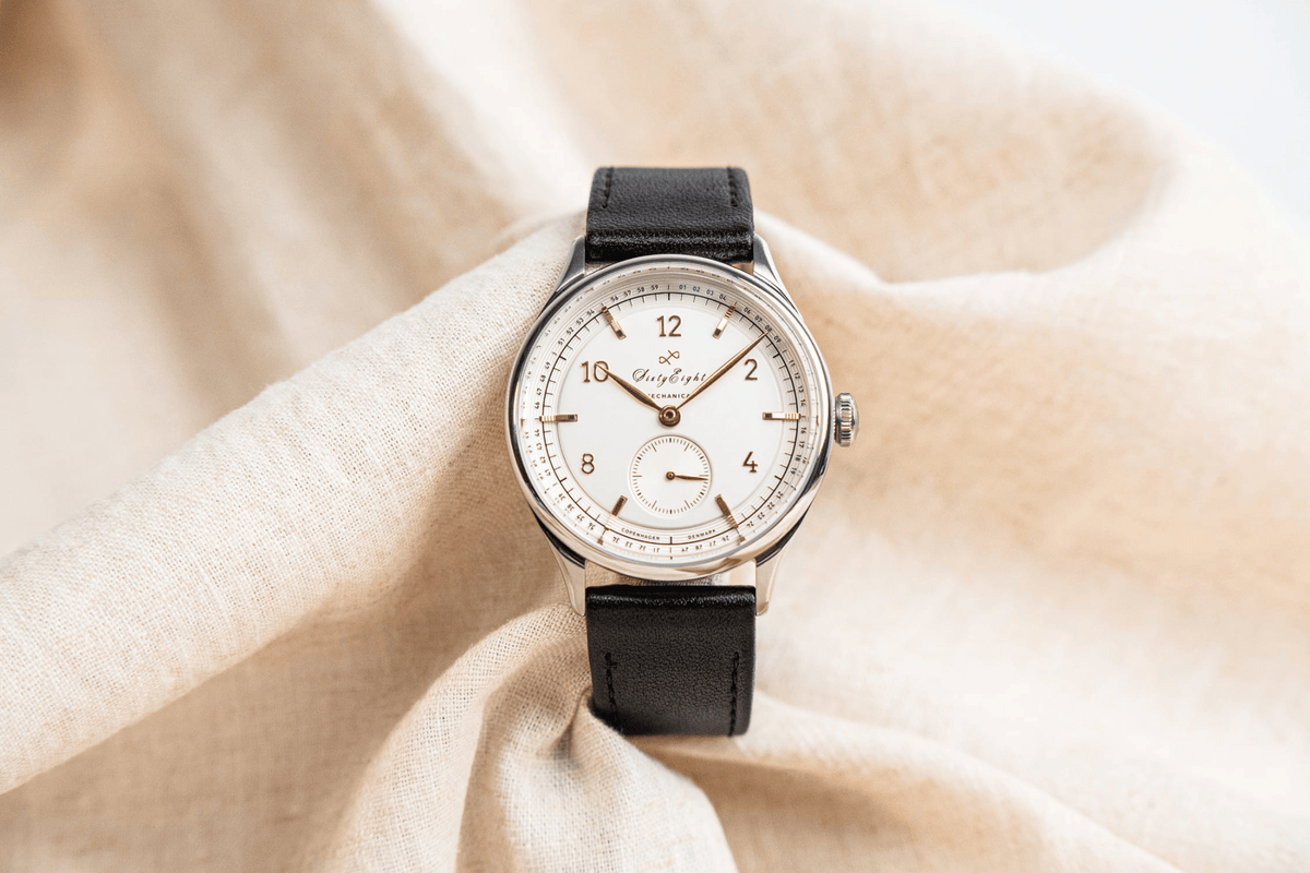 1968 Mechanical by AV86 vintage-inspired automatic watch with sapphire crystal, classic dial, and black leather strap