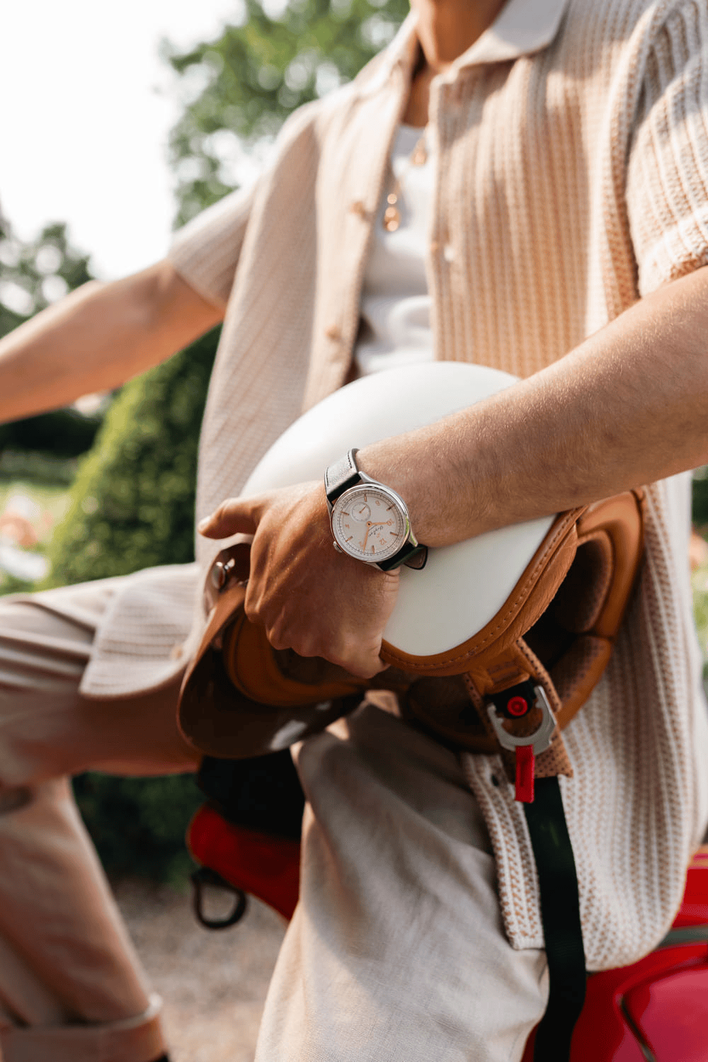 1968 Mechanical by AV86 automatic watch with vintage-inspired dial, sapphire crystal, and black leather strap in outdoor lifestyle setting