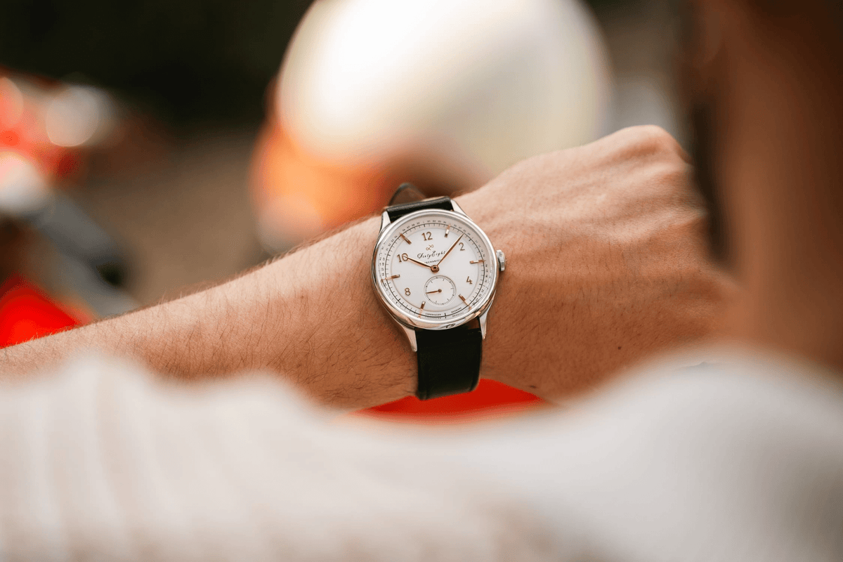 1968 Mechanical by AV86 automatic watch with vintage-inspired dial, sapphire crystal, and black leather strap on wrist