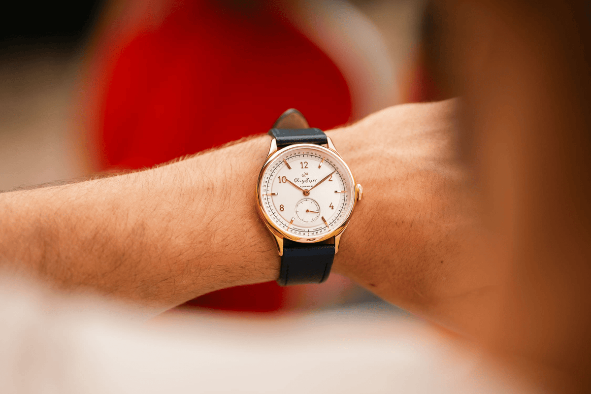 1968 Mechanical by AV86 luxury automatic dress watch with vintage-inspired dial, gold case, sapphire crystal, and black leather strap