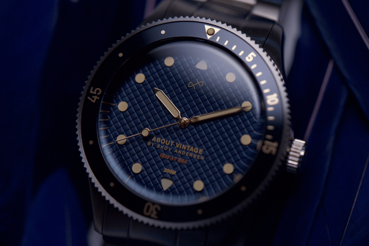 1926 At'sea, Blue Turtle Vintage by AV86 vintage-inspired diver with sapphire crystal, compass bezel, and metal bracelet strap