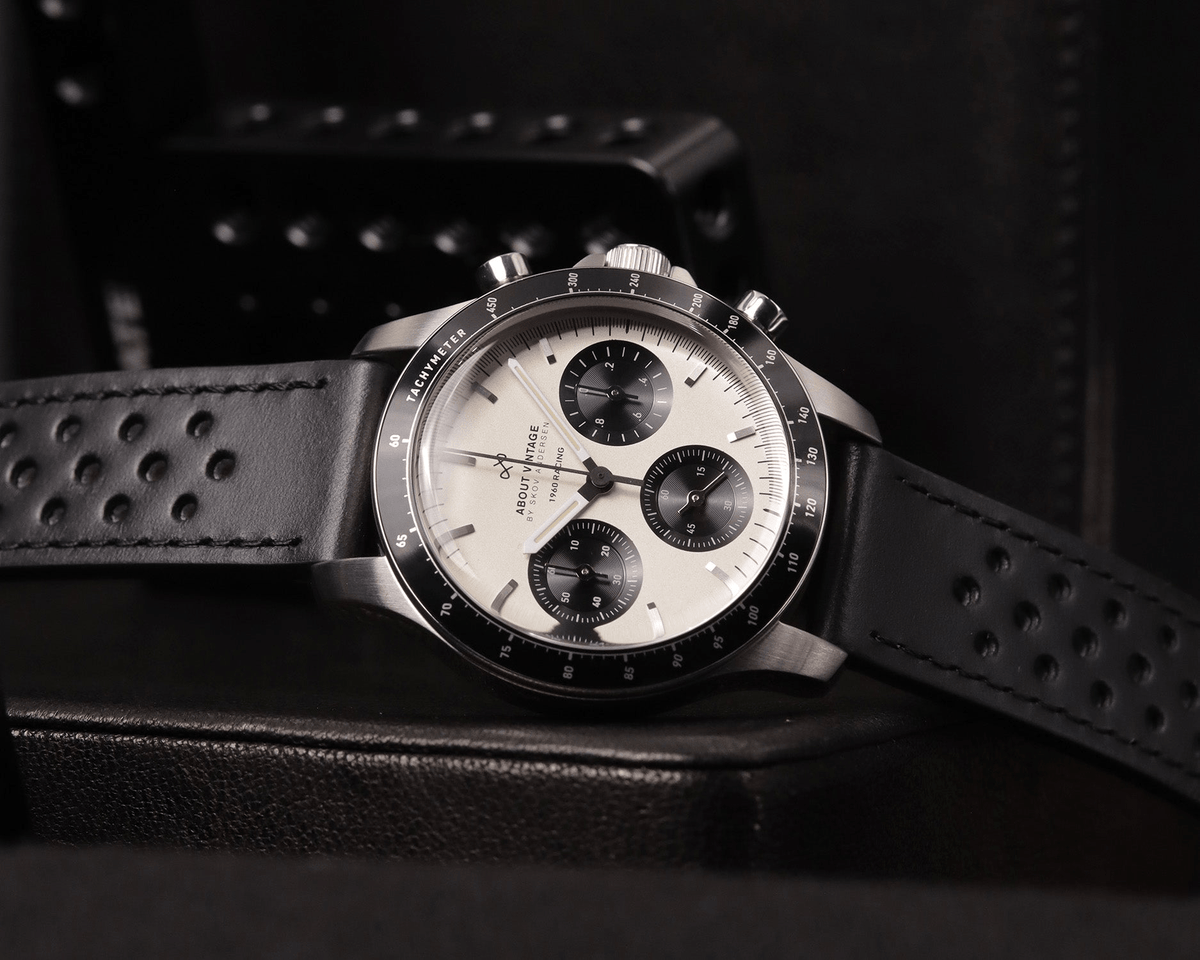 1960 Racing Chronograph by AV86 vintage-inspired chronograph with sapphire crystal, tachymeter bezel, and perforated black leather strap