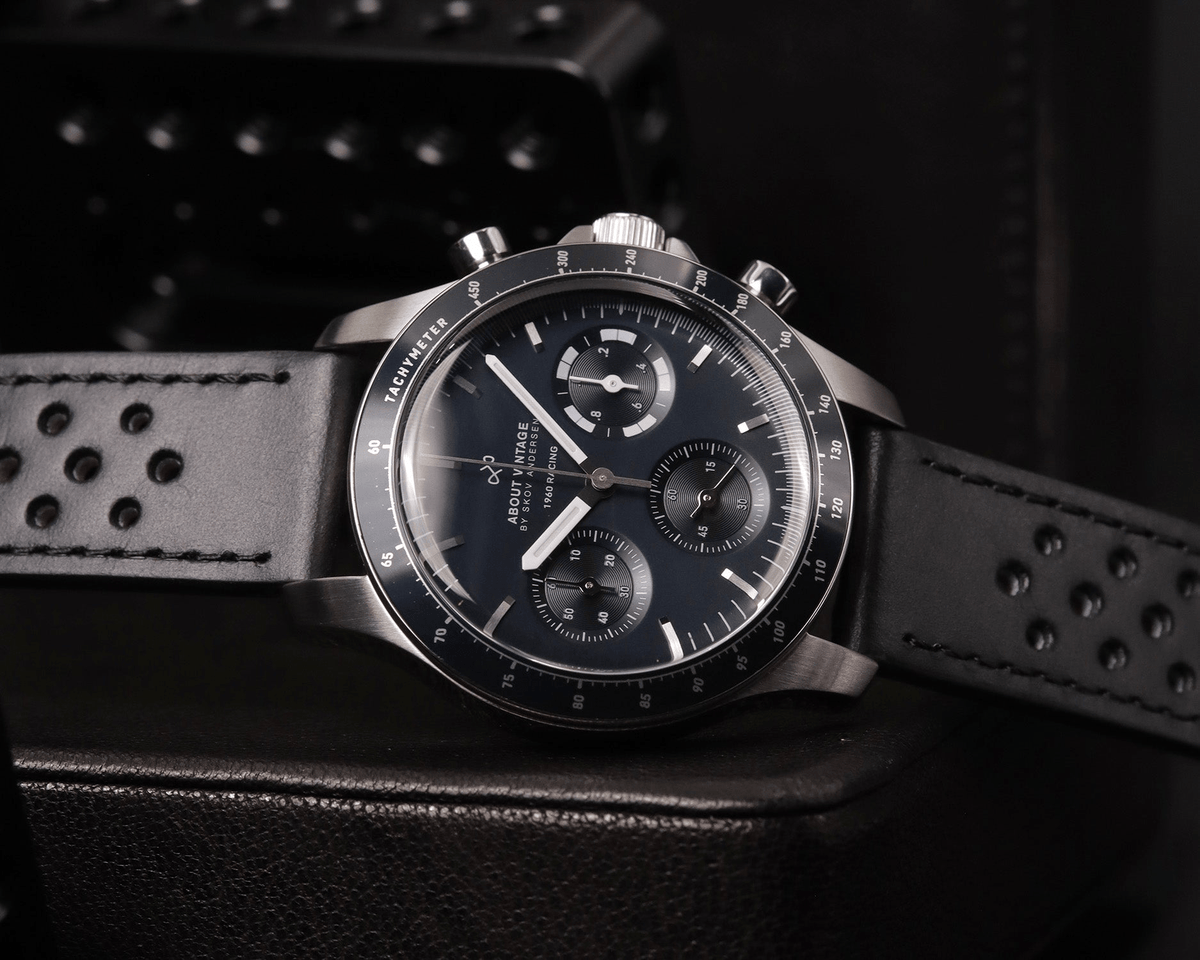 1960 Racing Chronograph by AV86 vintage-inspired chronograph with tachymeter bezel, sapphire crystal, and perforated leather strap