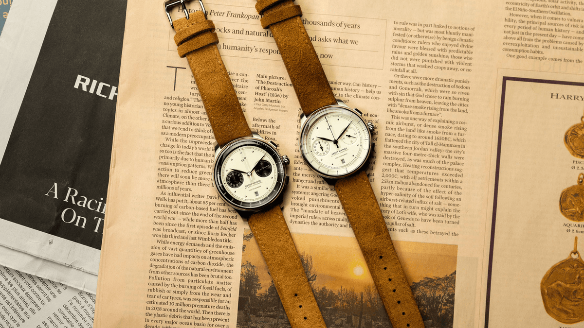 1934 Telechron by AV86 vintage-inspired chronograph with telemeter, sapphire crystal, and brown leather strap on rustic background