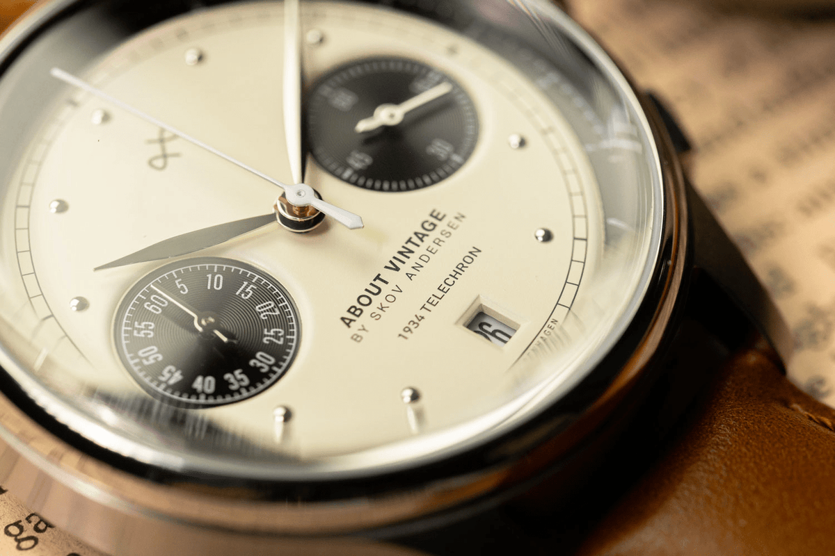 1934 Telechron by AV86 vintage-inspired chronograph with telemeter, sapphire crystal, domed dial, and brown leather strap