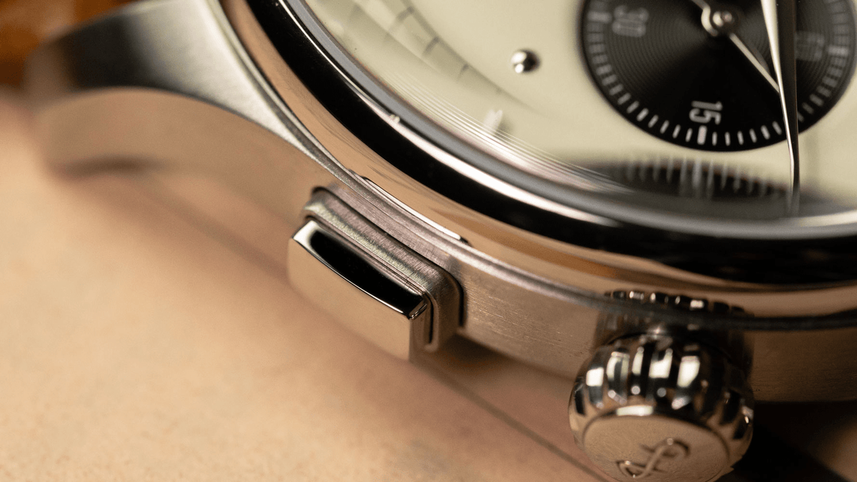 1934 Telechron by AV86 vintage-inspired chronograph with telemeter, sapphire crystal, and stainless steel case close-up detail