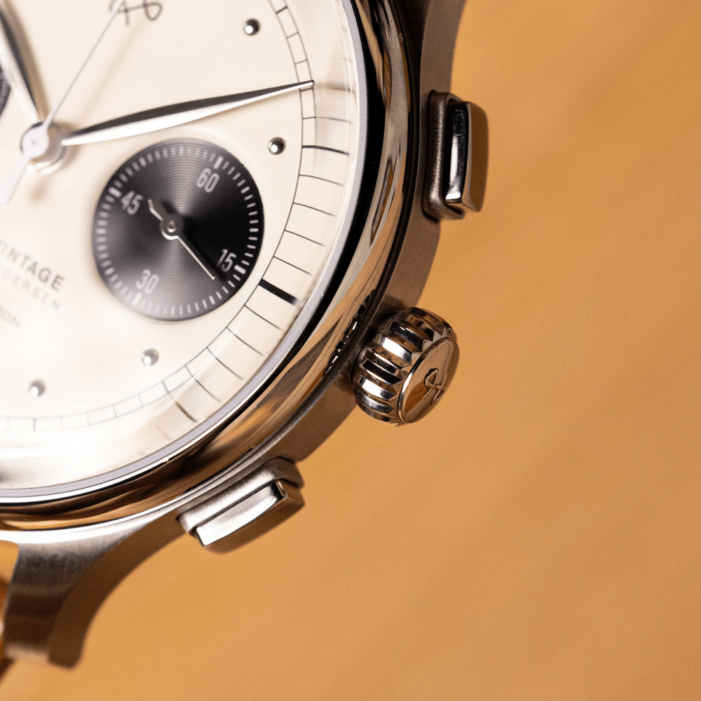 1934 Telechron by AV86 luxury chronograph with sapphire crystal, telemeter dial, and polished steel case close-up detail