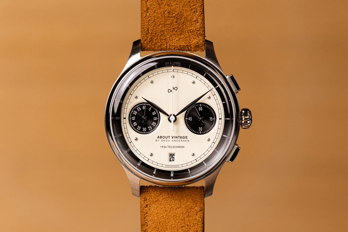 1934 Telechron by AV86 vintage-inspired chronograph with telemeter, sapphire crystal, and leather strap in minimalist design