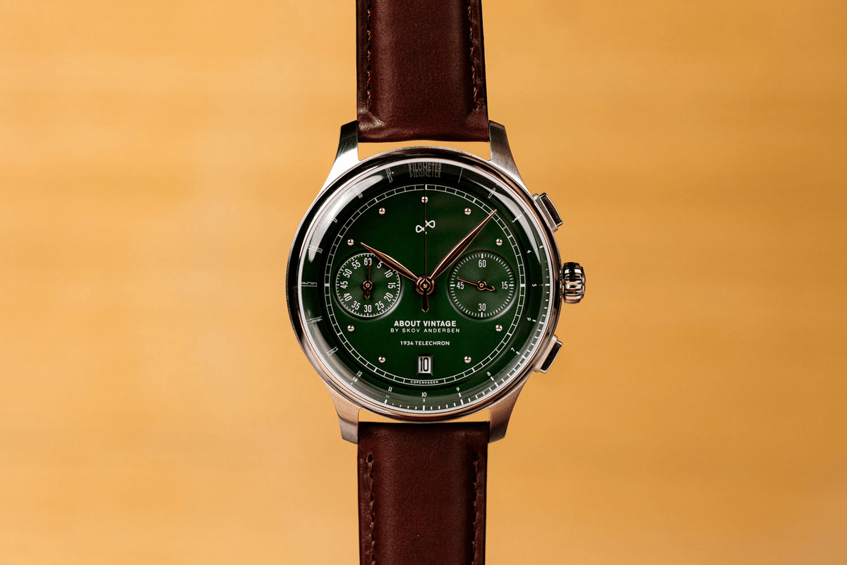 1934 Telechron by AV86 vintage-inspired chronograph with telemeter, sapphire crystal, steel case, and brown leather strap