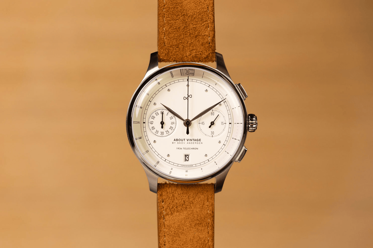 1934 Telechron by AV86 vintage-inspired chronograph with telemeter, sapphire crystal, and suede leather strap