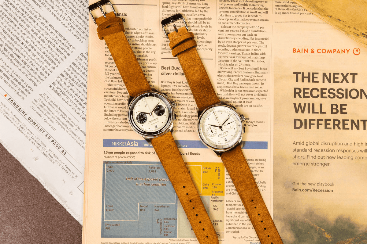 1934 Telechron by AV86 vintage-inspired chronograph with telemeter, sapphire crystal, and tan leather strap on newspaper backdrop