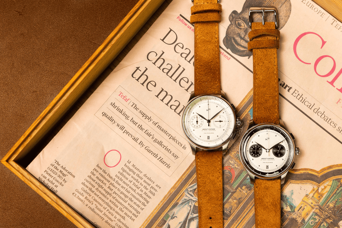 1934 Telechron by AV86 vintage-inspired chronograph with telemeter, sapphire crystal, and suede leather strap