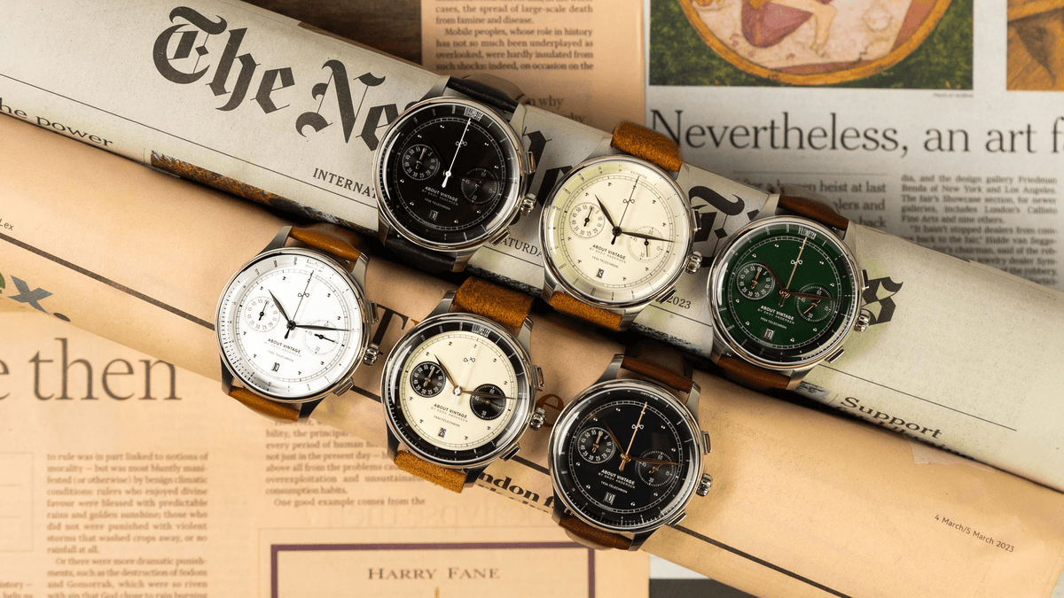 1934 Telechron by AV86 showcases a collection of vintage-inspired chronographs with sapphire crystals, polished steel cases, and leather straps, reflecting refined Danish design and Nordic minimalism in a sophisticated lifestyle setting with newspapers and classic style elements.