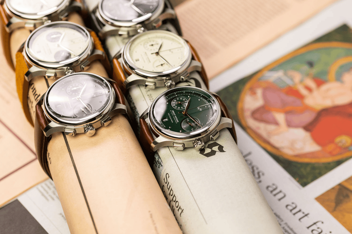 1934 Telechron by AV86 vintage-inspired chronograph with telemeter, sapphire crystal, and brown leather strap