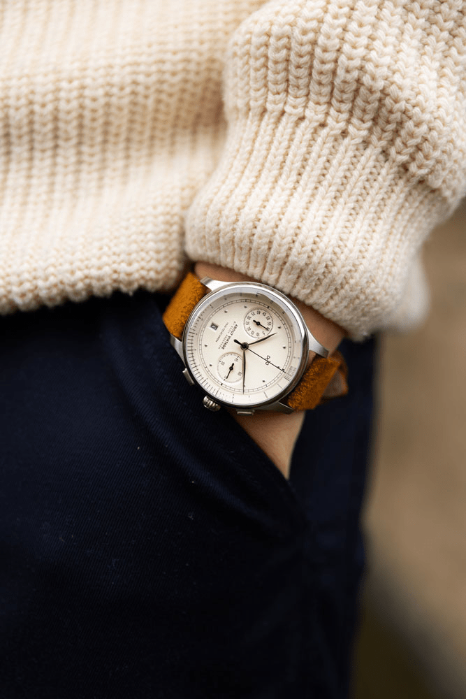 1934 Telechron by AV86 vintage-inspired chronograph with telemeter, sapphire crystal, and textured leather strap on wrist