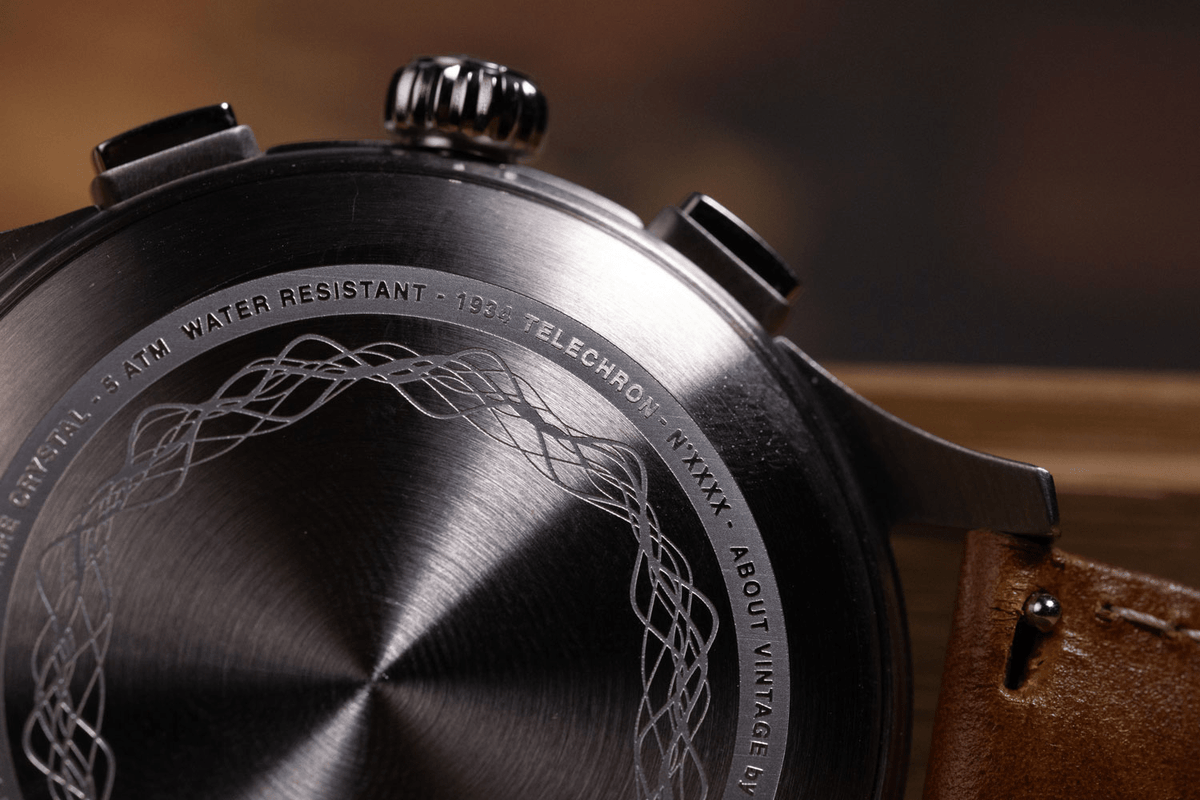 1934 Telechron by AV86 vintage-inspired chronograph with stainless steel case, engraved back, and leather strap