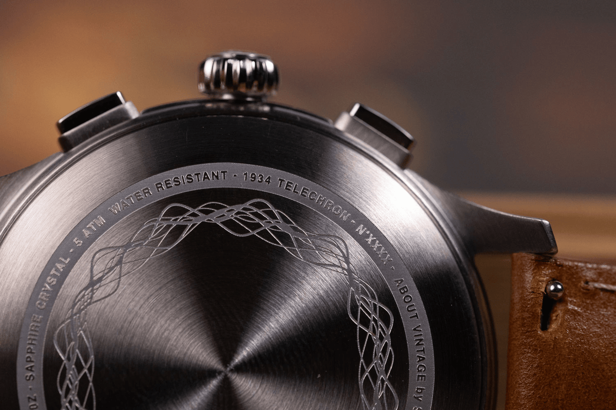 1934 Telechron by AV86 vintage-inspired chronograph with engraved stainless steel case back and brown leather strap