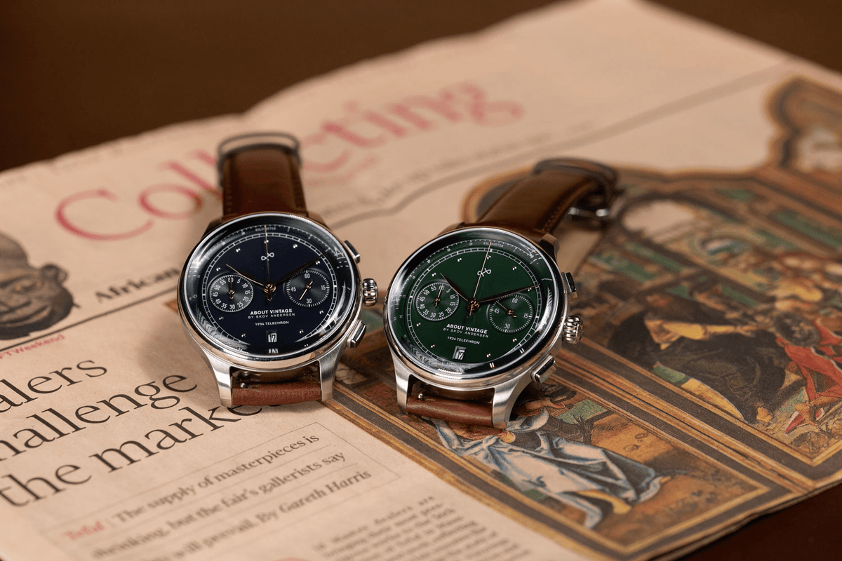 1934 Telechron by AV86 vintage-inspired chronograph with telemeter, sapphire crystal, steel case, and brown leather strap
