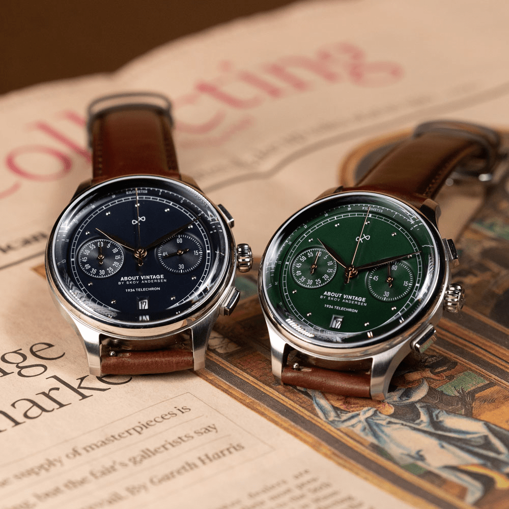1934 Telechron by AV86 vintage-inspired chronograph with sapphire crystal, telemeter dial, and brown leather strap