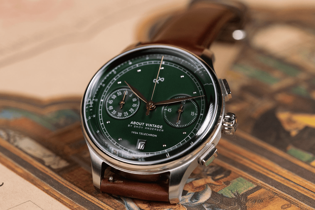 1934 Telechron by AV86 vintage-inspired chronograph with telemeter, sapphire crystal, and brown leather strap
