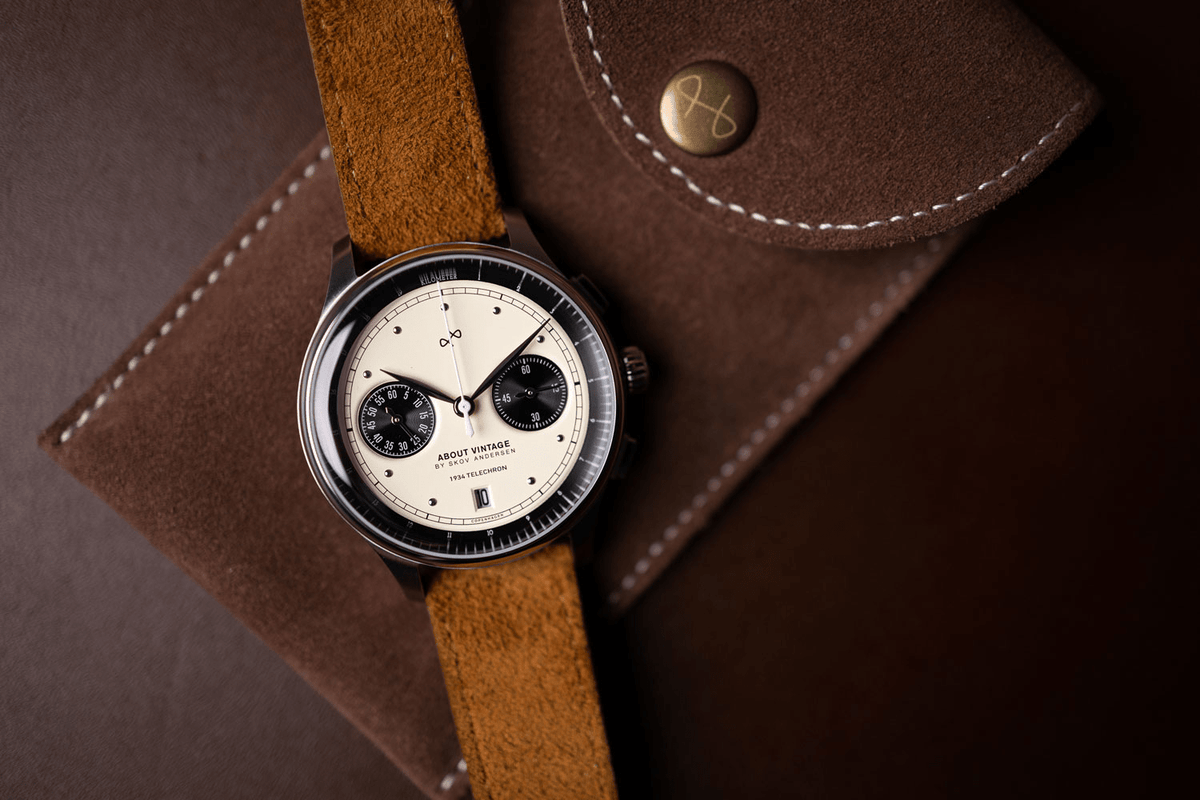 1934 Telechron by AV86 vintage-inspired chronograph with telemeter, sapphire crystal, and brown suede leather strap luxury timepiece